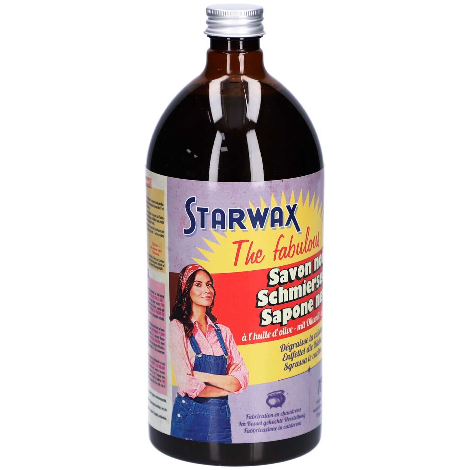 Bouteille marron avec liquide noir. Étiquette STARWAX avec noms en plusieurs langues.