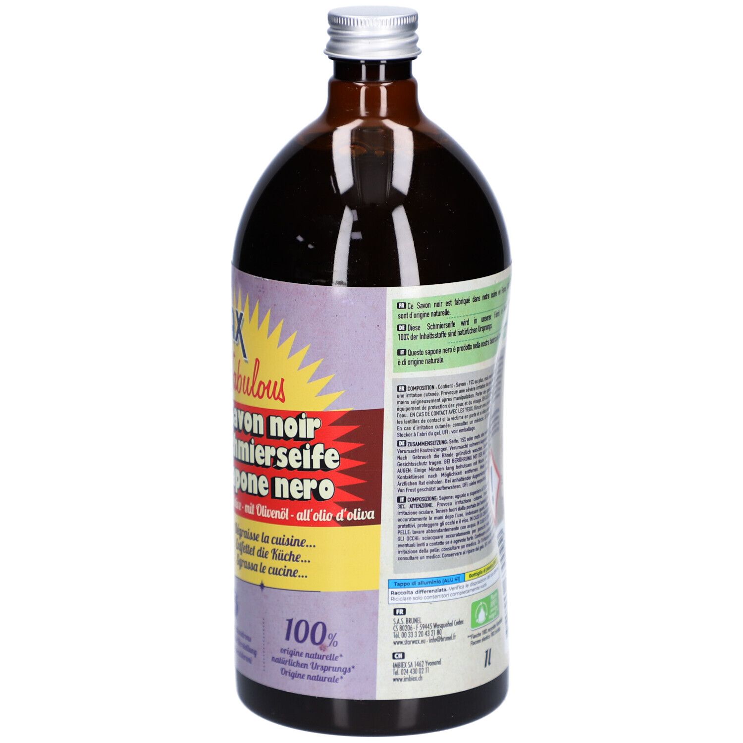 Vue arrière de la bouteille marron. Étiquette avec texte, symbole d'avertissement et code-barres. 1 litre.