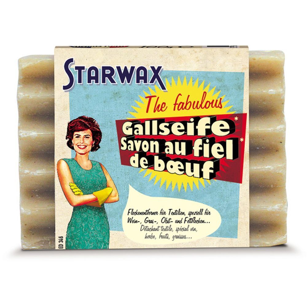 Savon au fiel de bœuf STARWAX. Paquet de savons avec emballage. Emballage avec femme, nom du produit et texte en allemand et français.