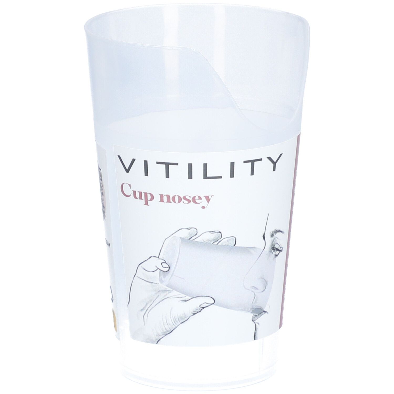 Transparante beker met neusuitsparing. Opschrift VITILITY Cup nosey. Illustratie van een persoon die drinkt.