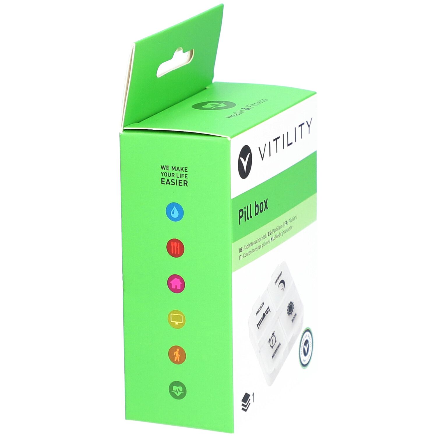 Zijaanzicht van de groene VITILITY pillendoosverpakking. Bevat een witte pillendoos. Tekst: Pillenbox, VITILITY, Health & Fitness, Europees kwaliteitslabel.