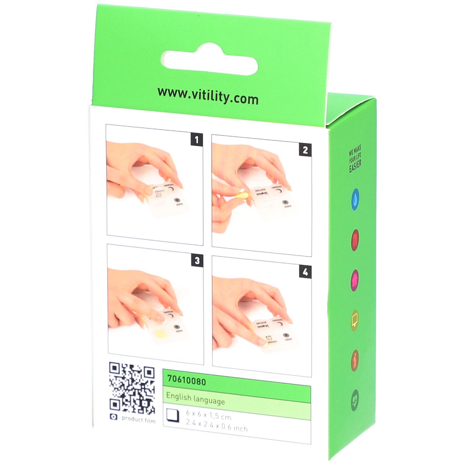 Achterkant van de groene VITILITY pillendoosverpakking. Toont instructies voor het gebruik van de pillendoos. Tekst: VITILITY, 70610080, English language.