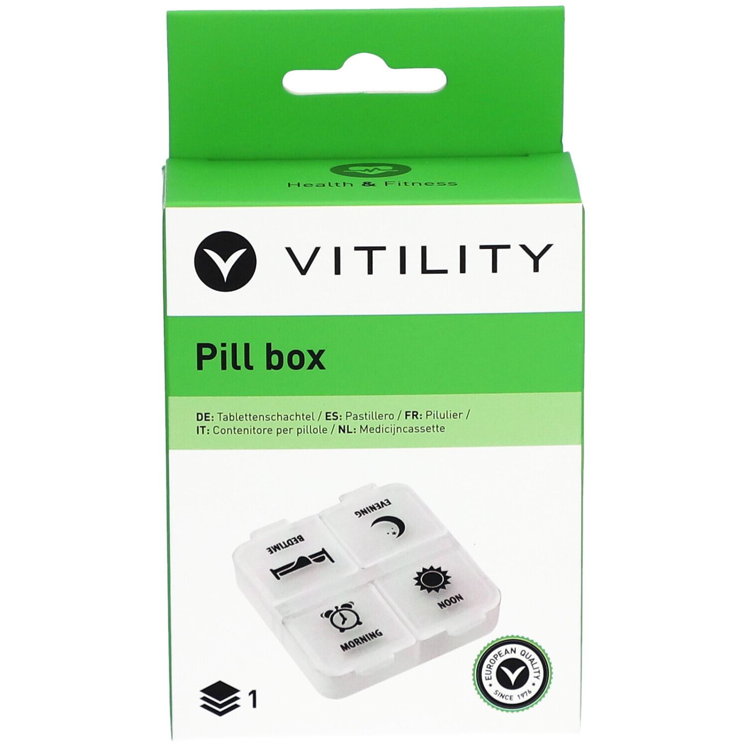 Groene VITILITY pillendoosverpakking met open deksel. Bevat een witte pillendoos met vier compartimenten. Europees kwaliteitslabel.