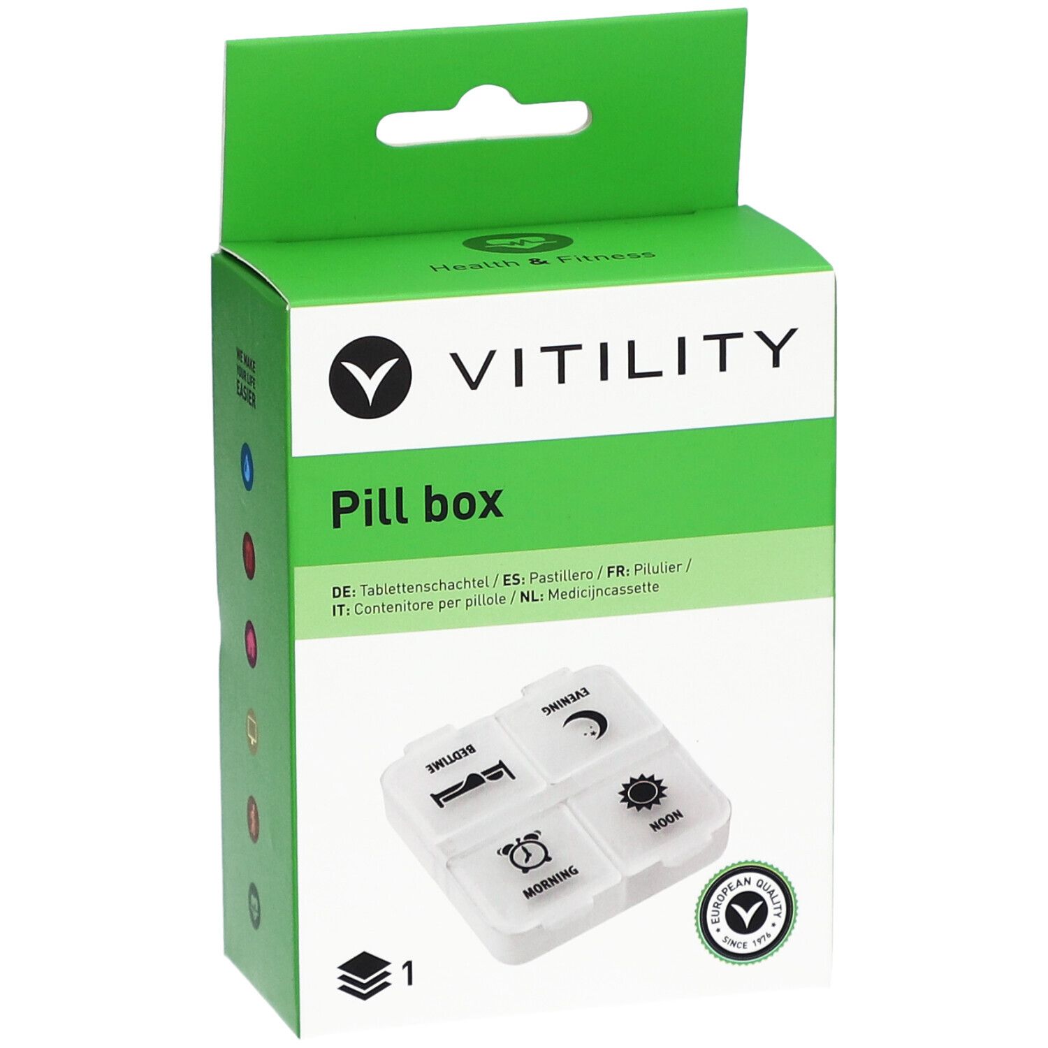 Groene VITILITY pillendoosverpakking met open deksel. Bevat een witte pillendoos met vier compartimenten. Europees kwaliteitslabel.