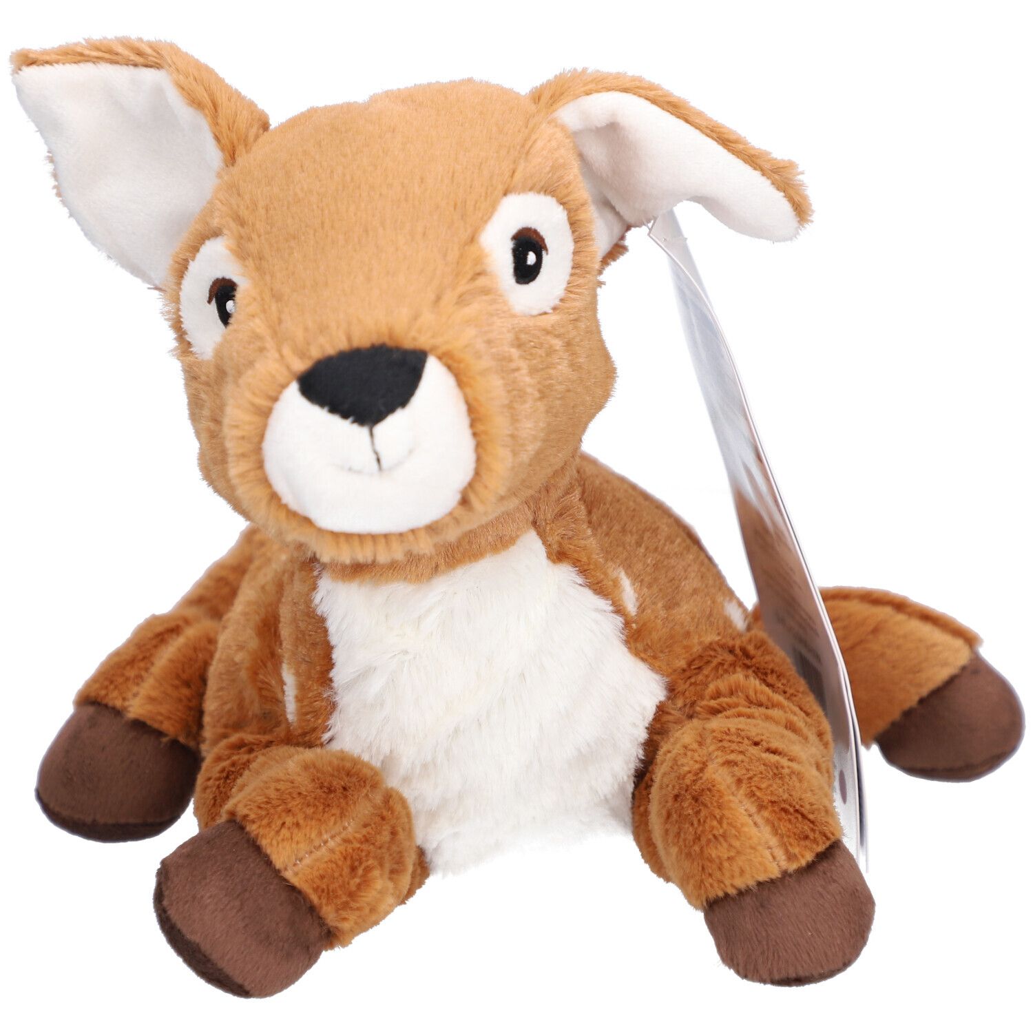 Bruin knuffel hert met witte vlekken. Oren, buik en voeten lichtbruin. Label bevestigd.