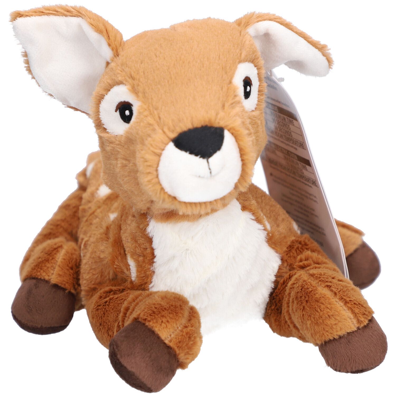 Bruin knuffel hert met witte vlekken. Oren, buik en voeten lichtbruin. Label bevestigd.