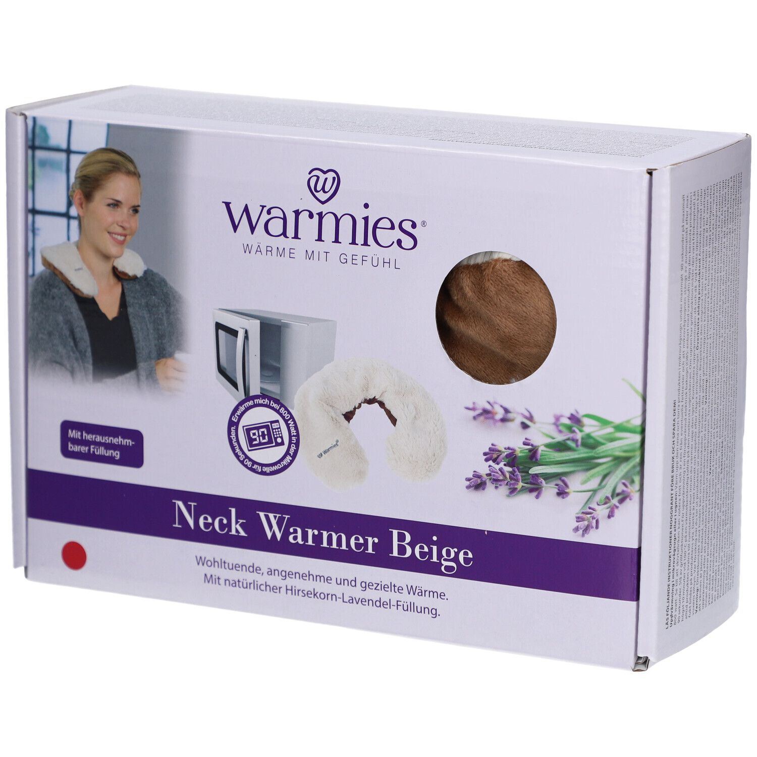 Verpakking van Warmies Nekwarmer Beige. Afbeelding van een vrouw met nekwarmer, magnetron en lavendel.