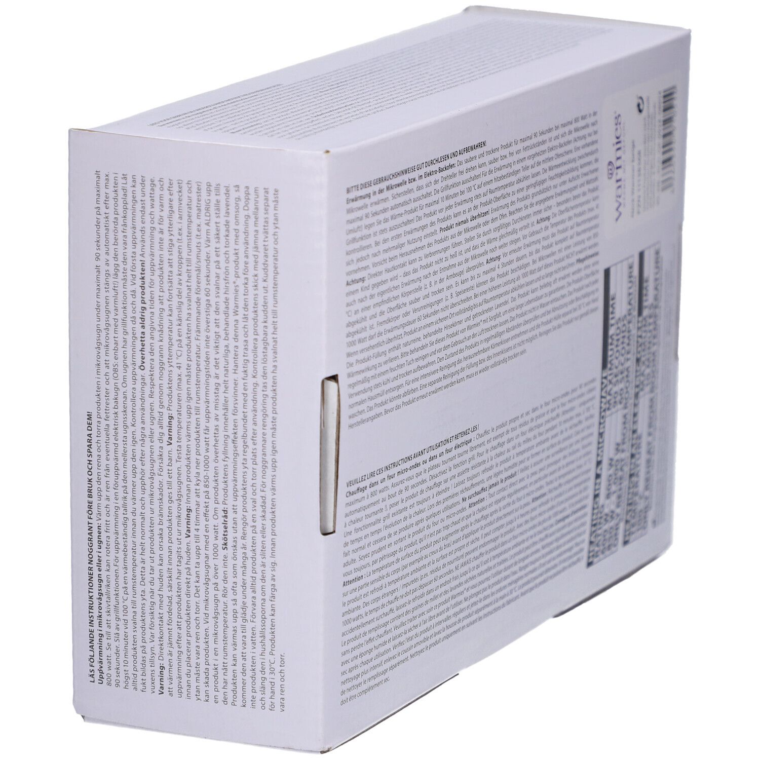 Zijkant van de Warmies Nekwarmer Beige verpakking. Tekst met informatie over gebruik en veiligheid.