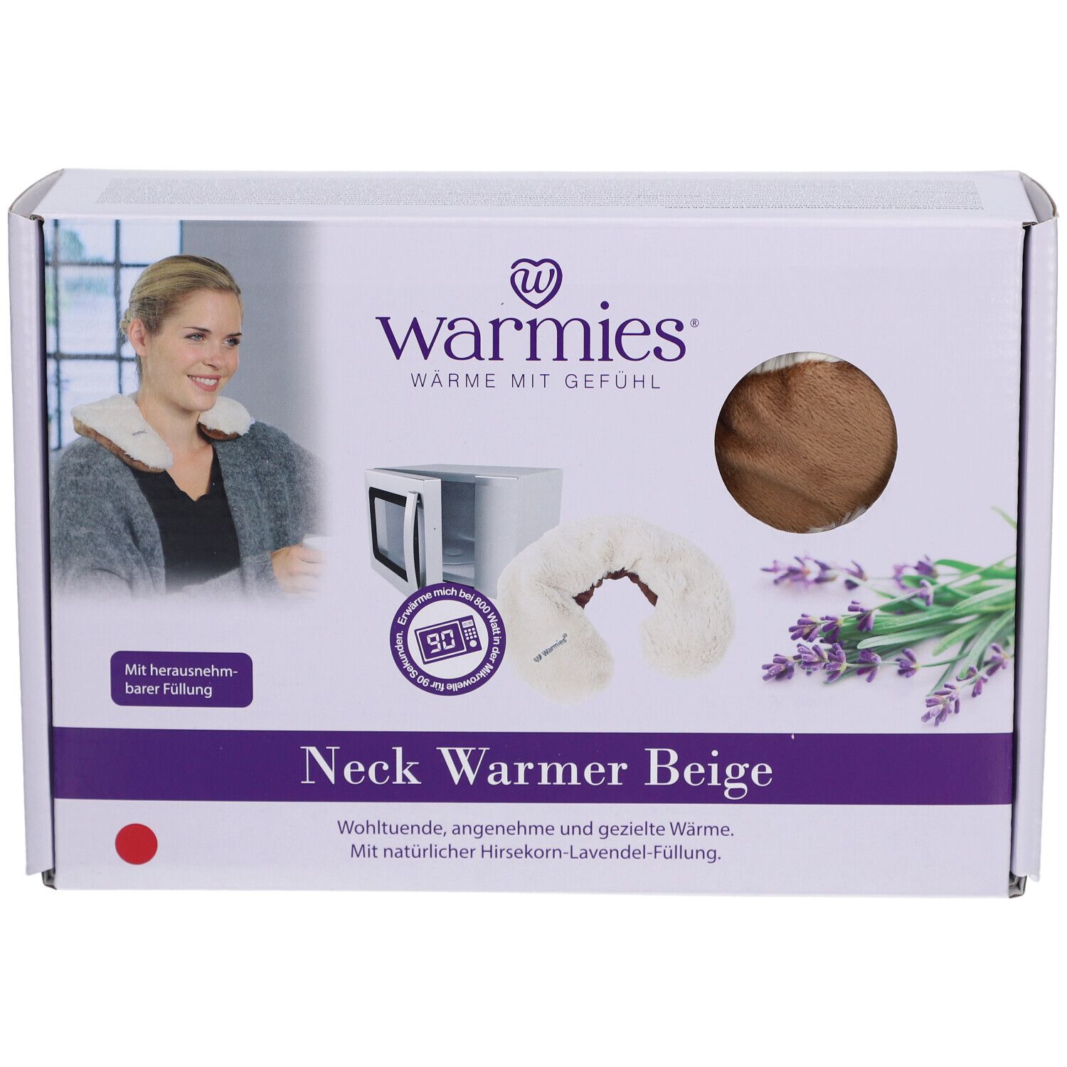Warmies Nekwarmer Beige verpakking. Afbeelding van een vrouw met nekwarmer, magnetron en lavendel.