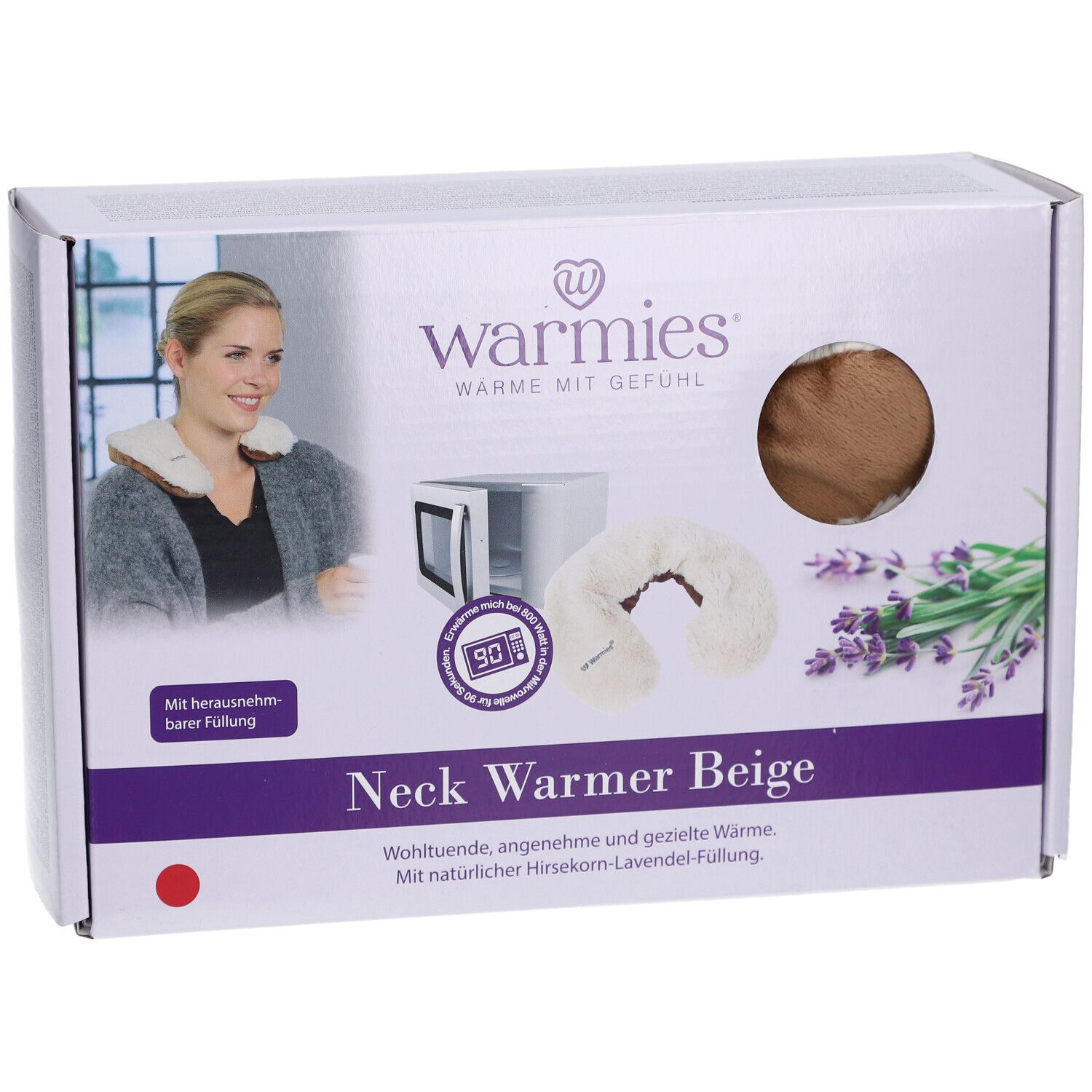 Warmies Nekwarmer Beige verpakking. Afbeelding van een vrouw met nekwarmer, magnetron en lavendel.
