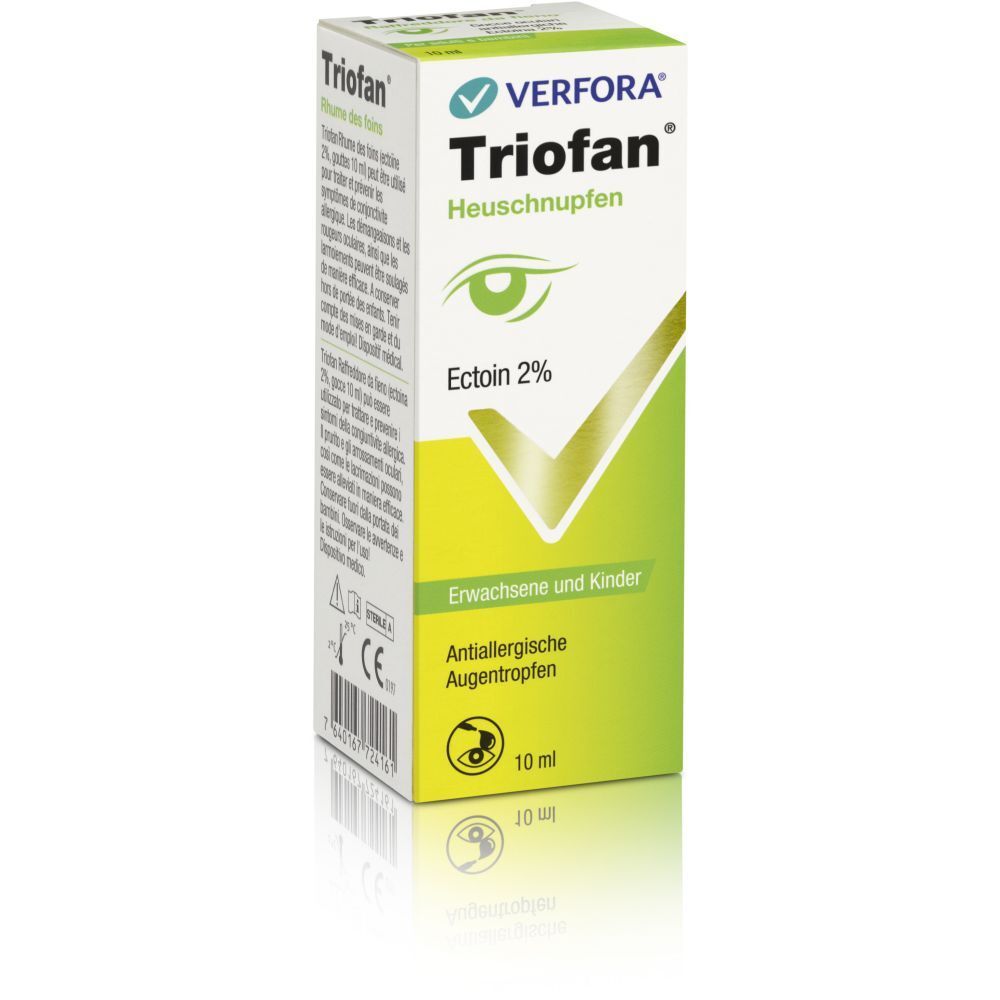 Verfora TrioFan Heuschnupfen oogdruppels. Witte doos met groene accenten. Bevat oogdruppels. Tekst: Ectoin 2%, 10 ml.