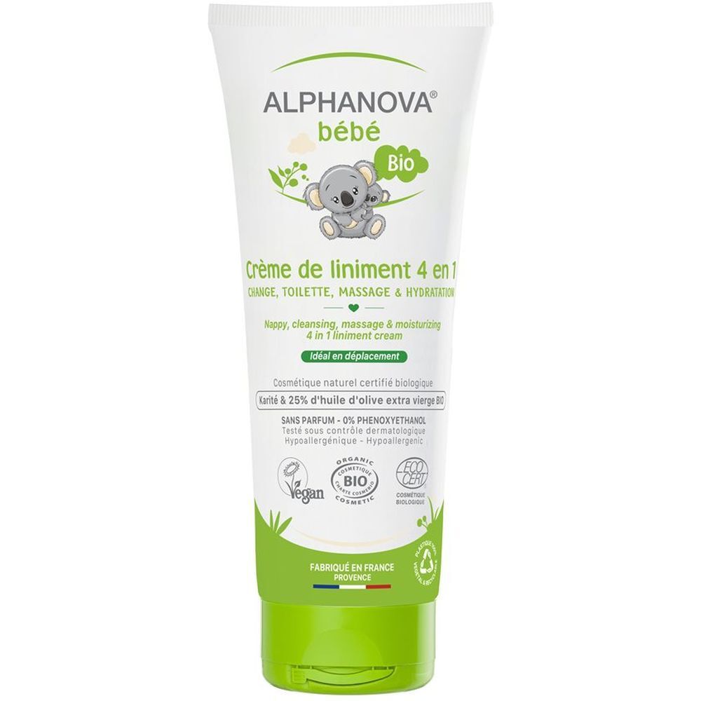 Witte en groene tube. Tekst: ALPHANOVA bébé, Crème de liniment 4 en 1. Bio-certificering, Vegan-logo. Koala-illustratie.