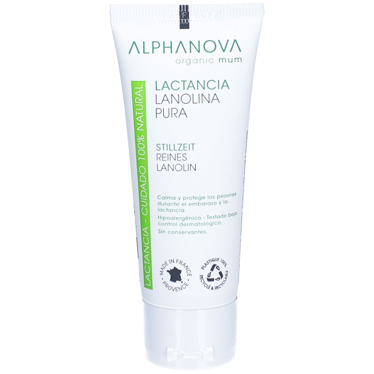 Wit-groene tube met tekst: Lactancia, Lanolina Pura, Borstvoeding, Pure Lanolin. Merk: ALPHANOVA. 100% natuurlijk.