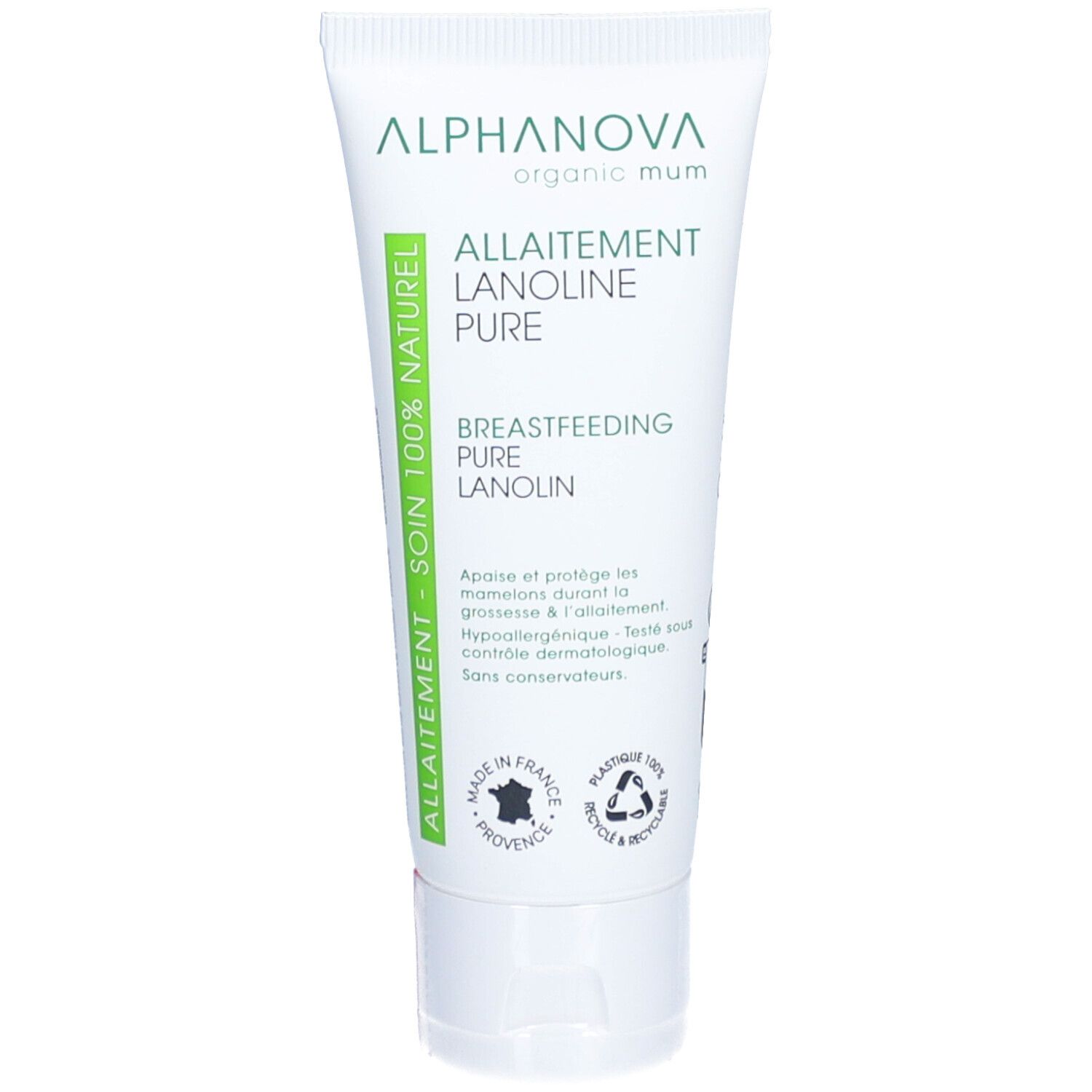Wit-groene tube met tekst: Allaitement, Lanolin Pure, Borstvoeding, Pure Lanolin. Merk: ALPHANOVA. 100% natuurlijk.