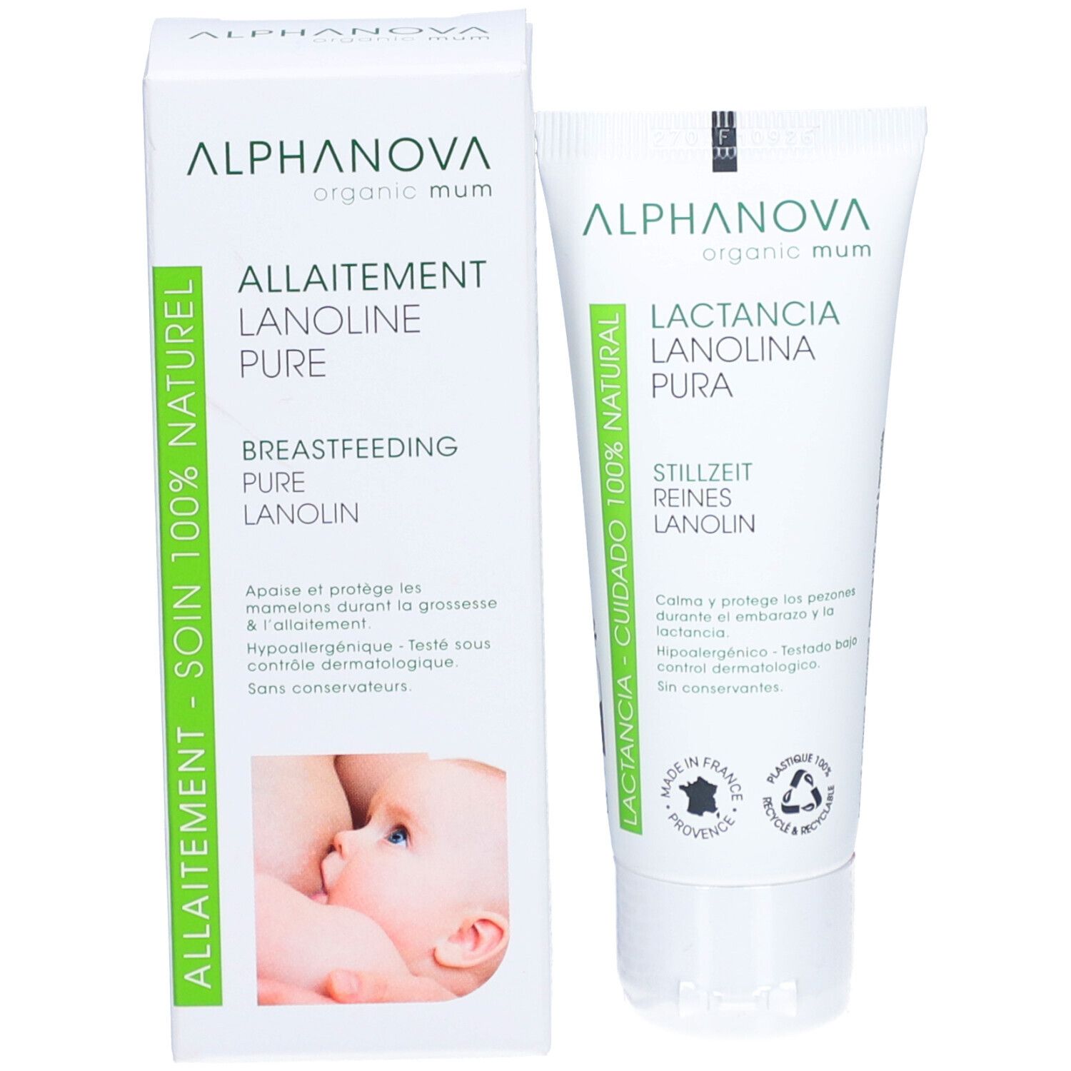 Productverpakking met tube en doos. Doos met tekst: Allaitement, Lanolin Pure, Borstvoeding, Pure Lanolin. Merk: ALPHANOVA.