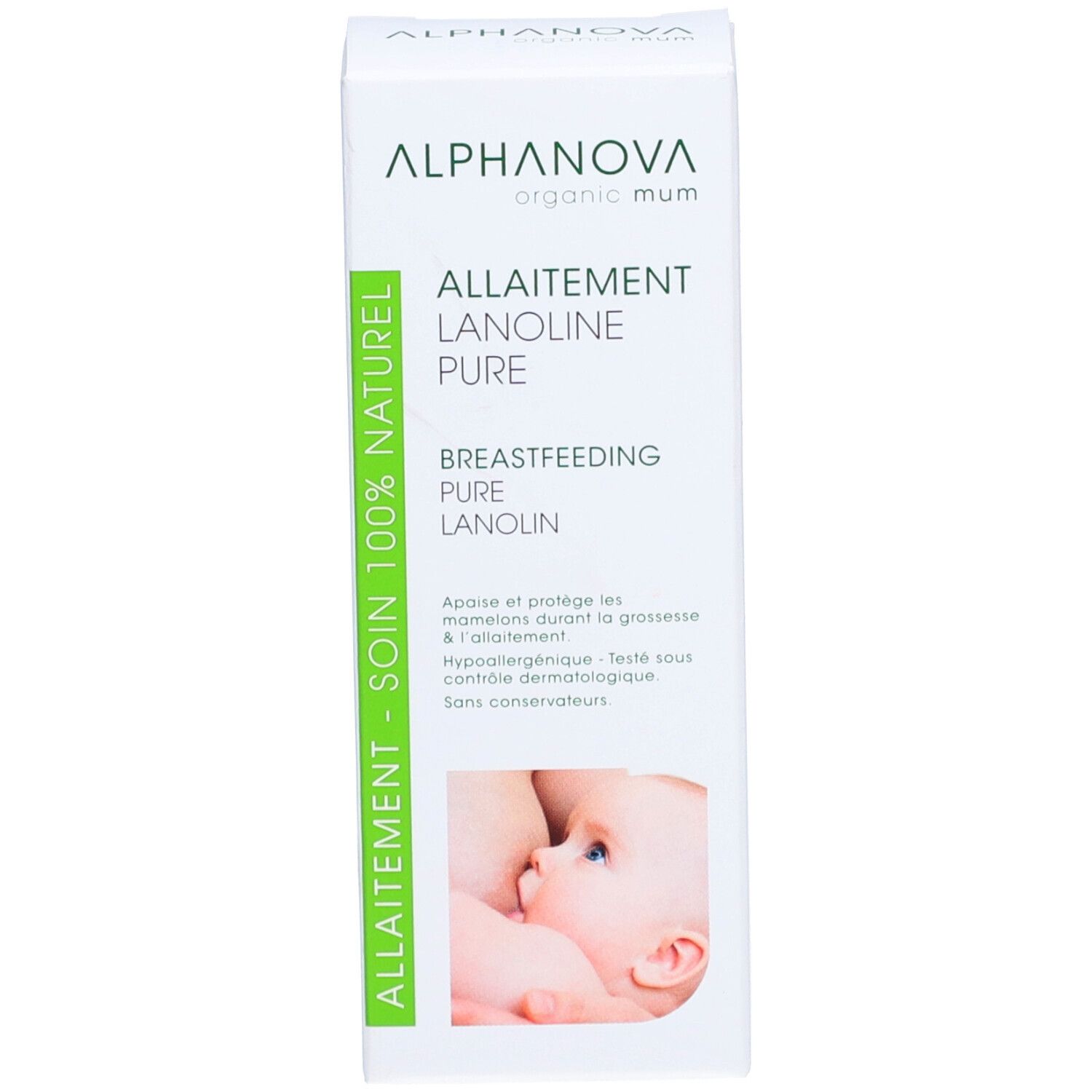 Productverpakking met doos. Doos met tekst: Allaitement, Lanolin Pure, Borstvoeding, Pure Lanolin. Merk: ALPHANOVA. 100% natuurlijk.