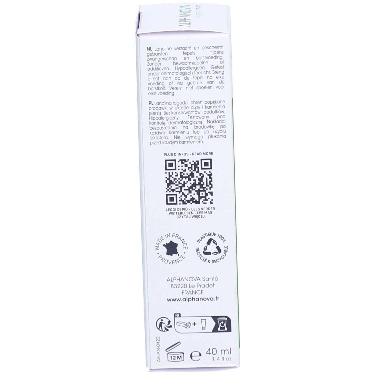 Achterkant van de productverpakking. Tekst, QR-code, logo's. Merk: ALPHANOVA. 40 ml. Gemaakt in Frankrijk. 100% recyclebaar.