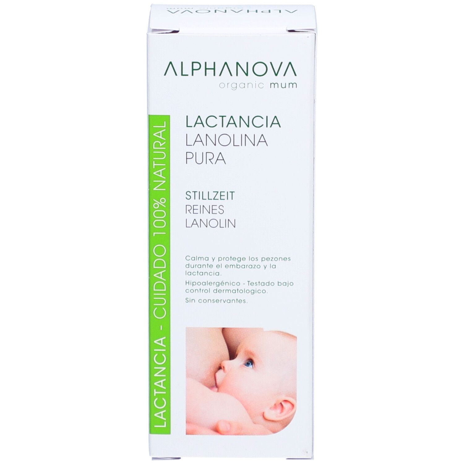 Productverpakking met doos. Doos met tekst: Lactancia, Lanolina Pura, Borstvoeding, Pure Lanolin. Merk: ALPHANOVA. 100% natuurlijk.
