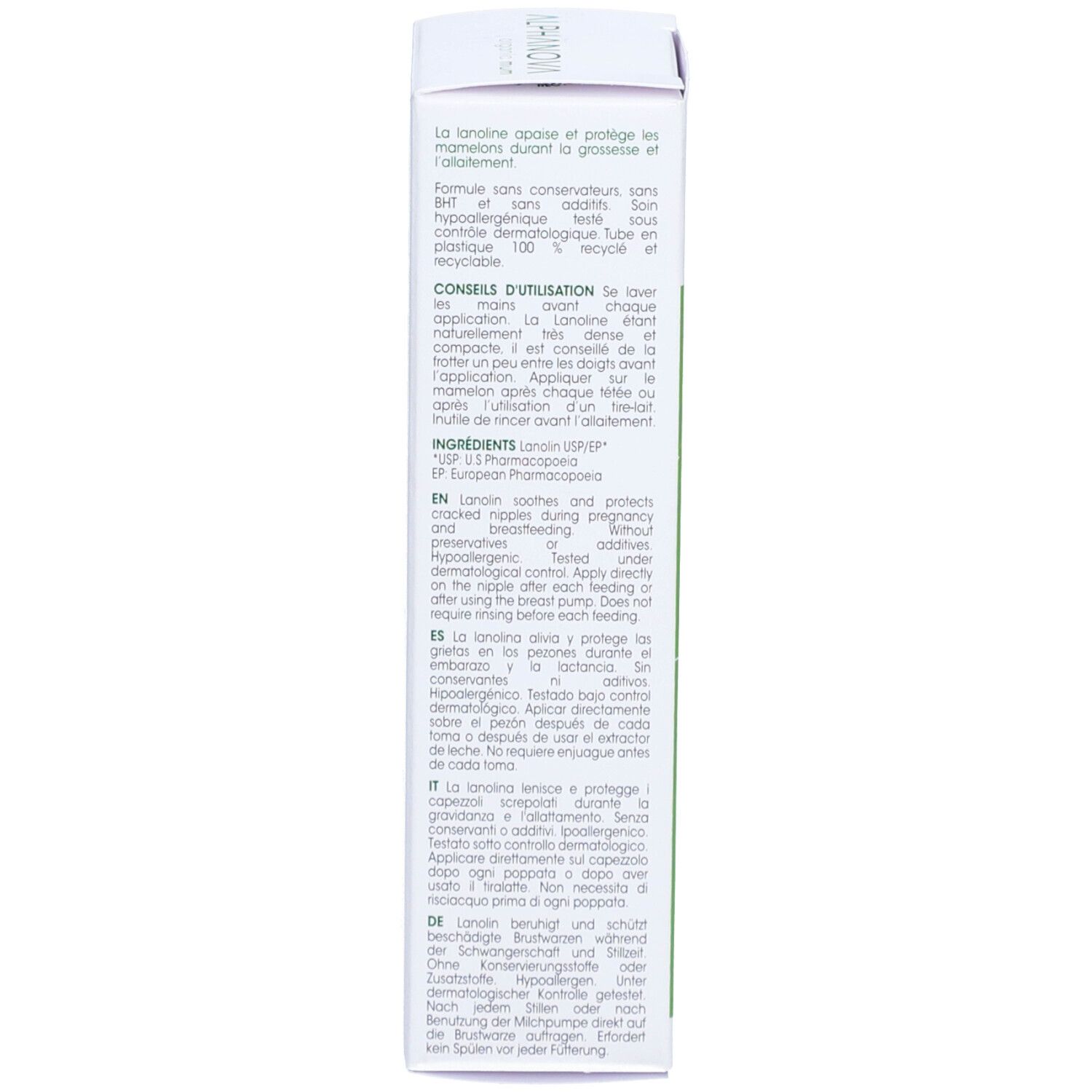 Zijkant van de productverpakking. Tekst in meerdere talen. Merk: ALPHANOVA. Ingrediënten, gebruiksaanwijzing, dermatologisch getest.