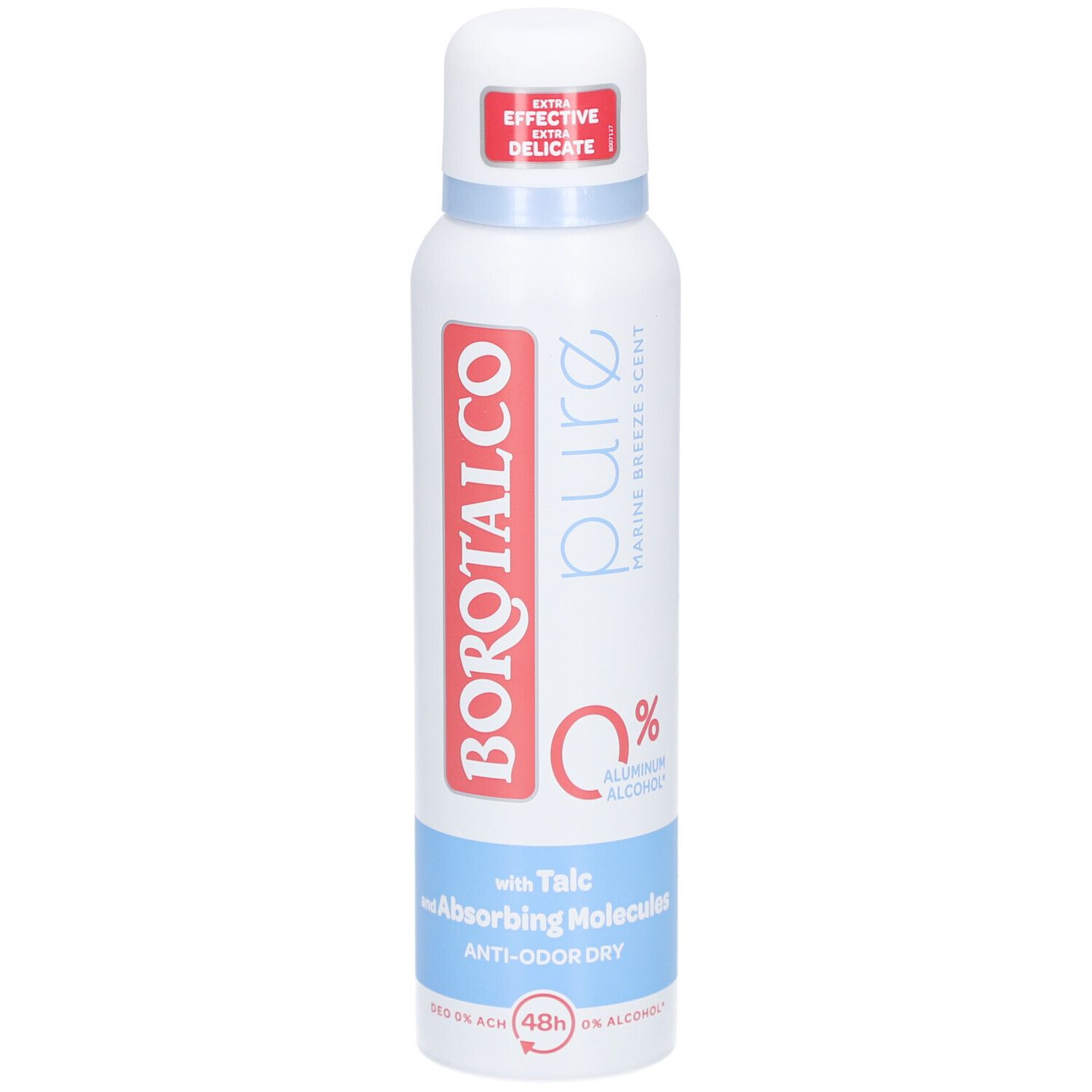 Deodorantsprayfles. Wit, met rode en blauwe letters. BOROTALCO-logo. "Pure" en "0% Aluminium Alcohol".