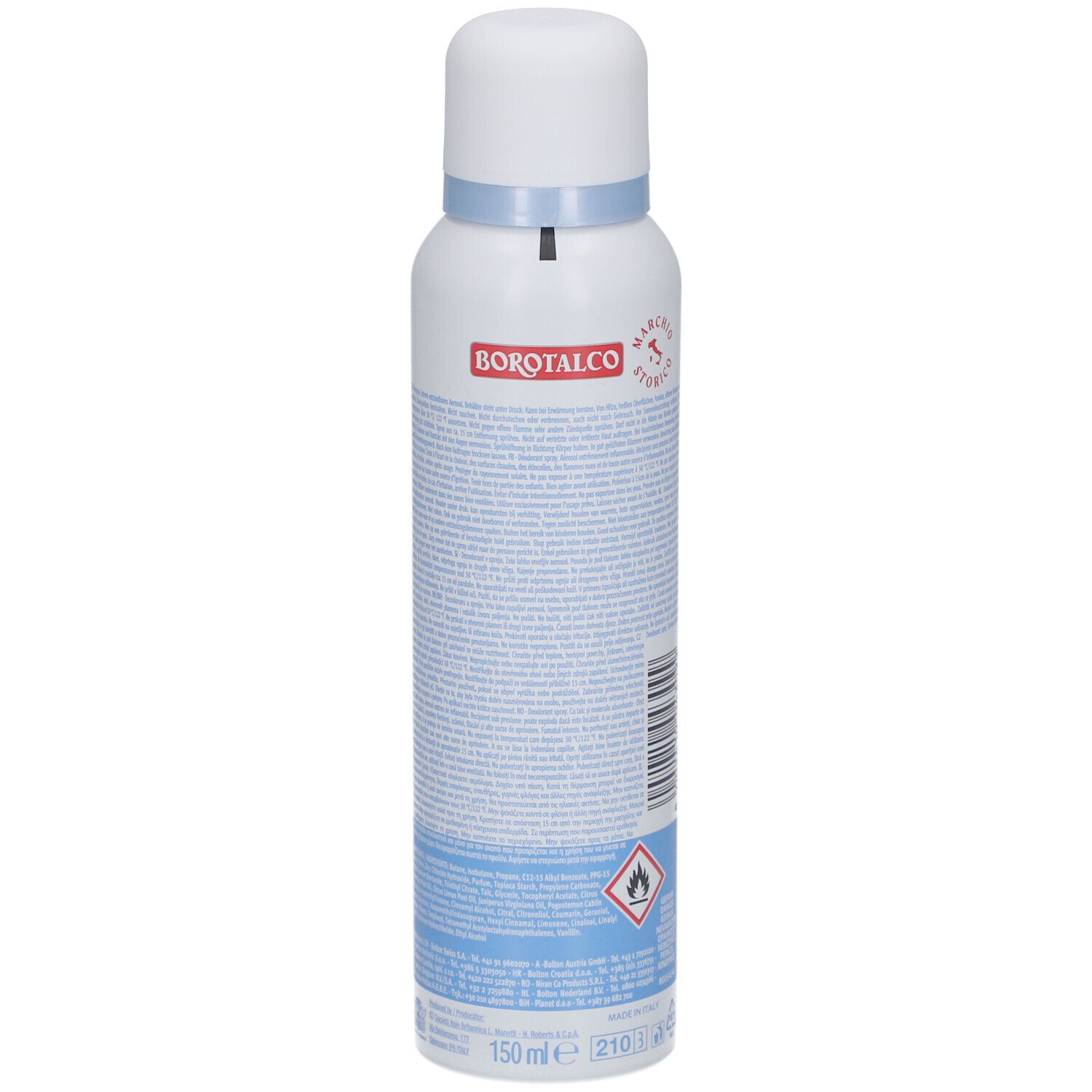 Achterkant van de deodorantfles. Wit, met blauwe en zwarte letters. Bevat tekst en symbolen.