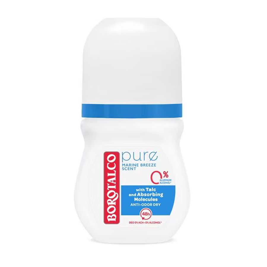 Witte roll-on deodorant met blauwe accenten. BOROTALCO logo. Tekst: Pure, Marine Breeze, 0%, Anti-Odor Dry. Zonder alcohol.