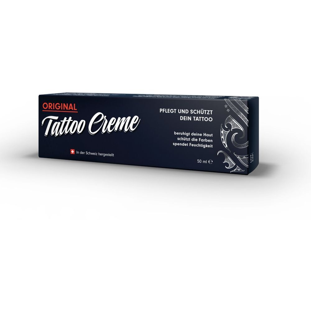 Boîte bleu foncé avec logo "ORIGINAL Tattoo Creme". Texte : "Pflegt und schützt dein Tattoo". Fabriqué en Suisse.