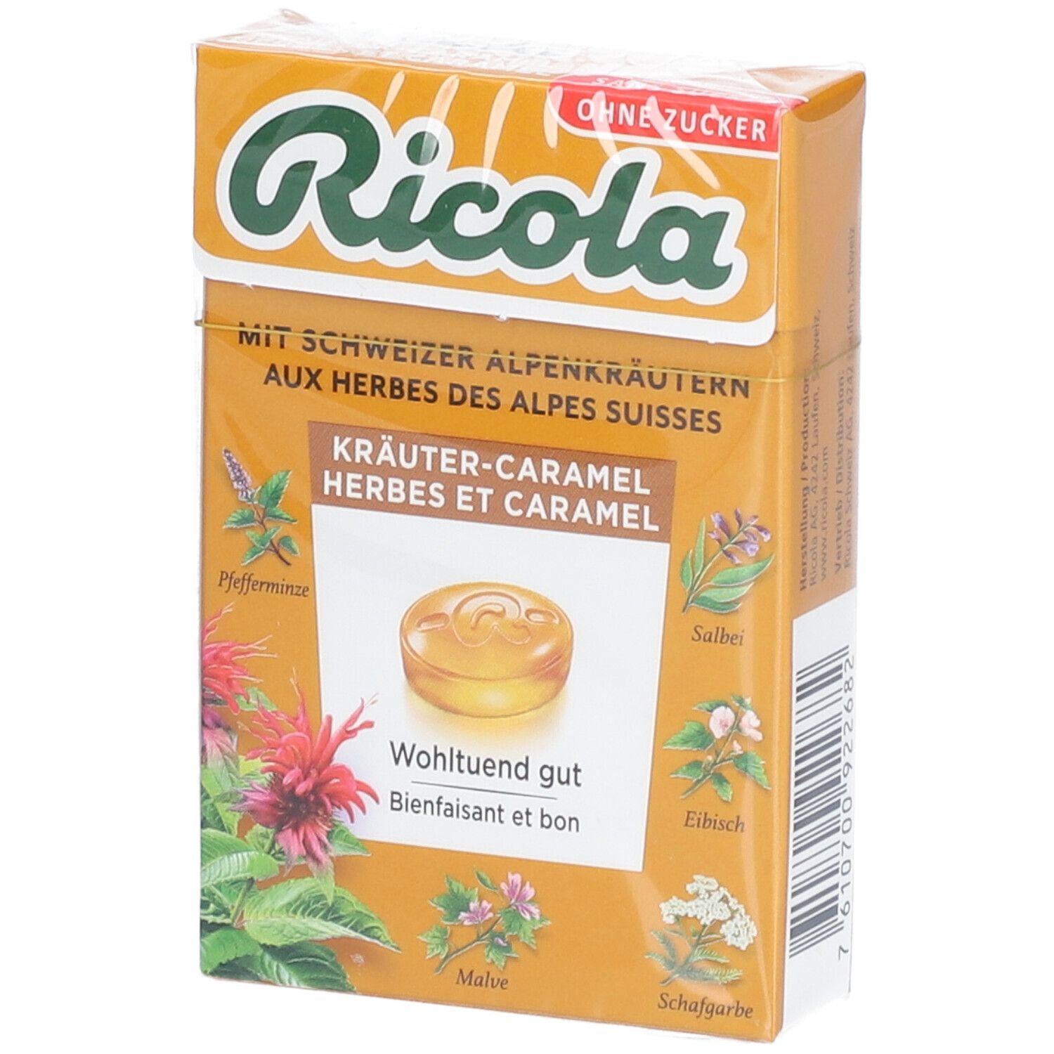 Emballage de bonbons Ricola aux herbes et caramel. Inscription avec herbes, nom du produit et "Sans sucre".