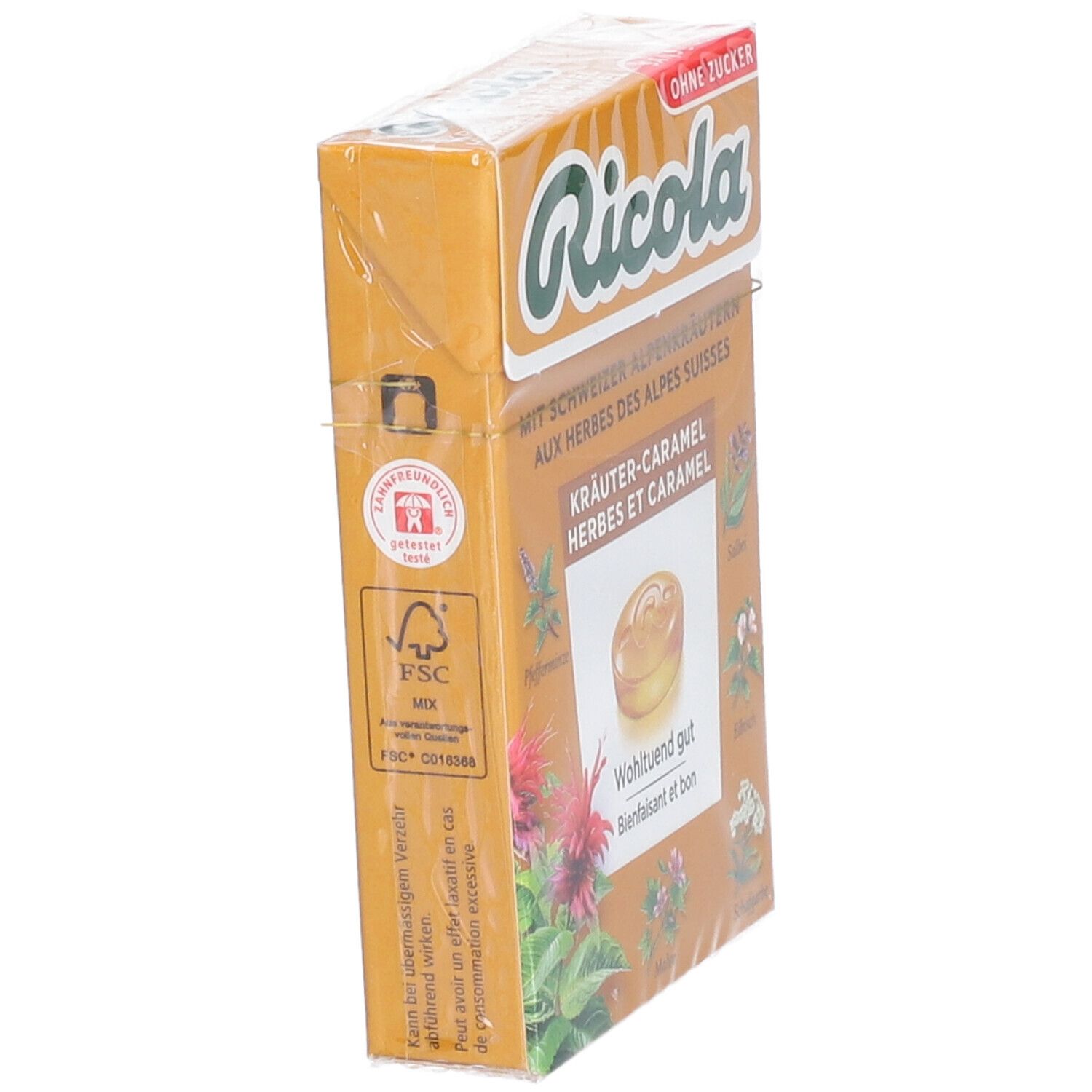 Emballage de bonbons Ricola aux herbes et caramel, en biais. Avec label FSC et informations sur le produit.