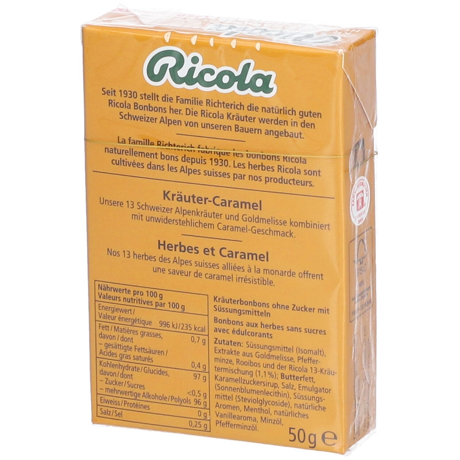 Dos de l'emballage des bonbons Ricola aux herbes et caramel. Texte sur la marque et informations nutritionnelles.