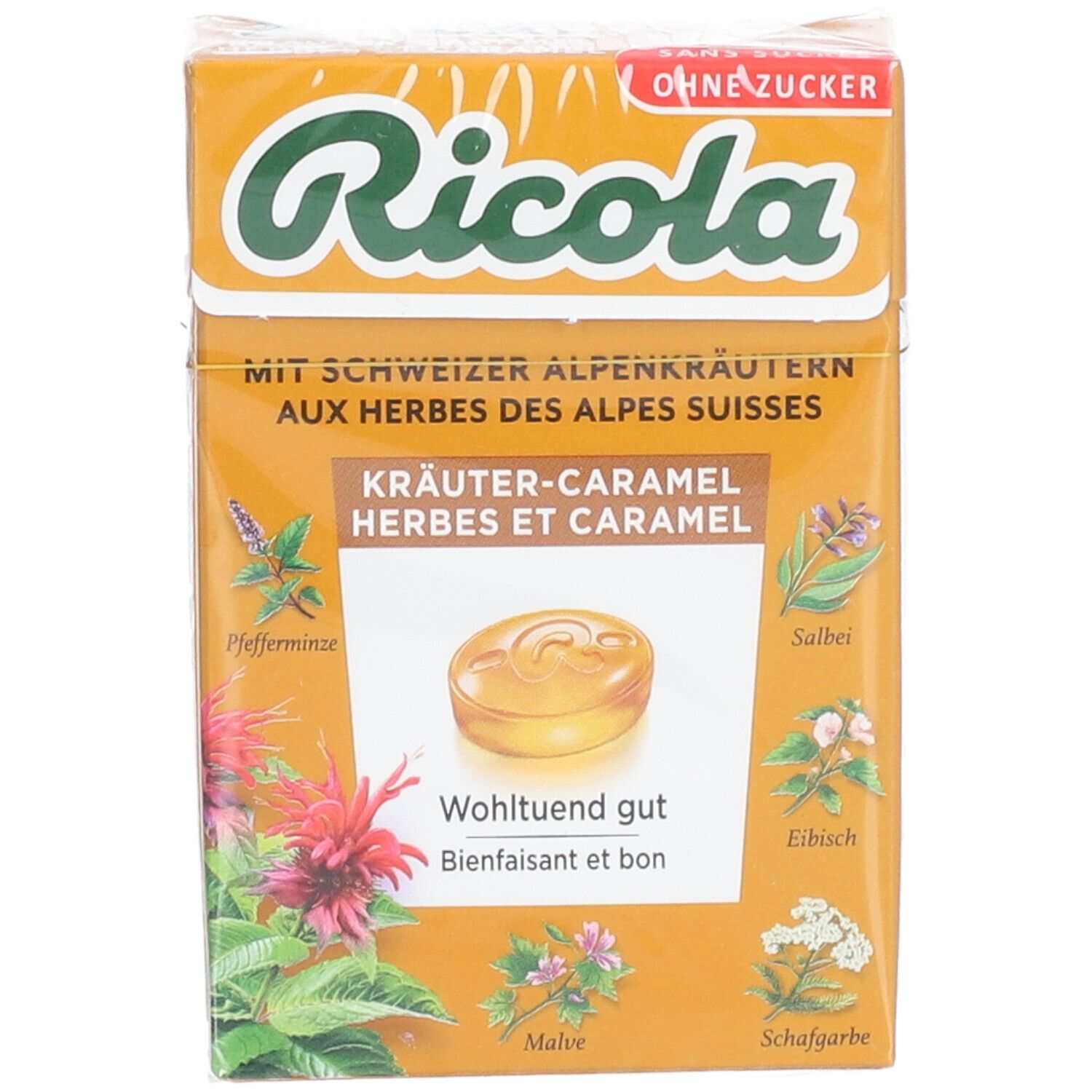 Emballage de bonbons Ricola aux herbes et caramel. Face avant avec nom du produit, herbes et "Sans sucre".