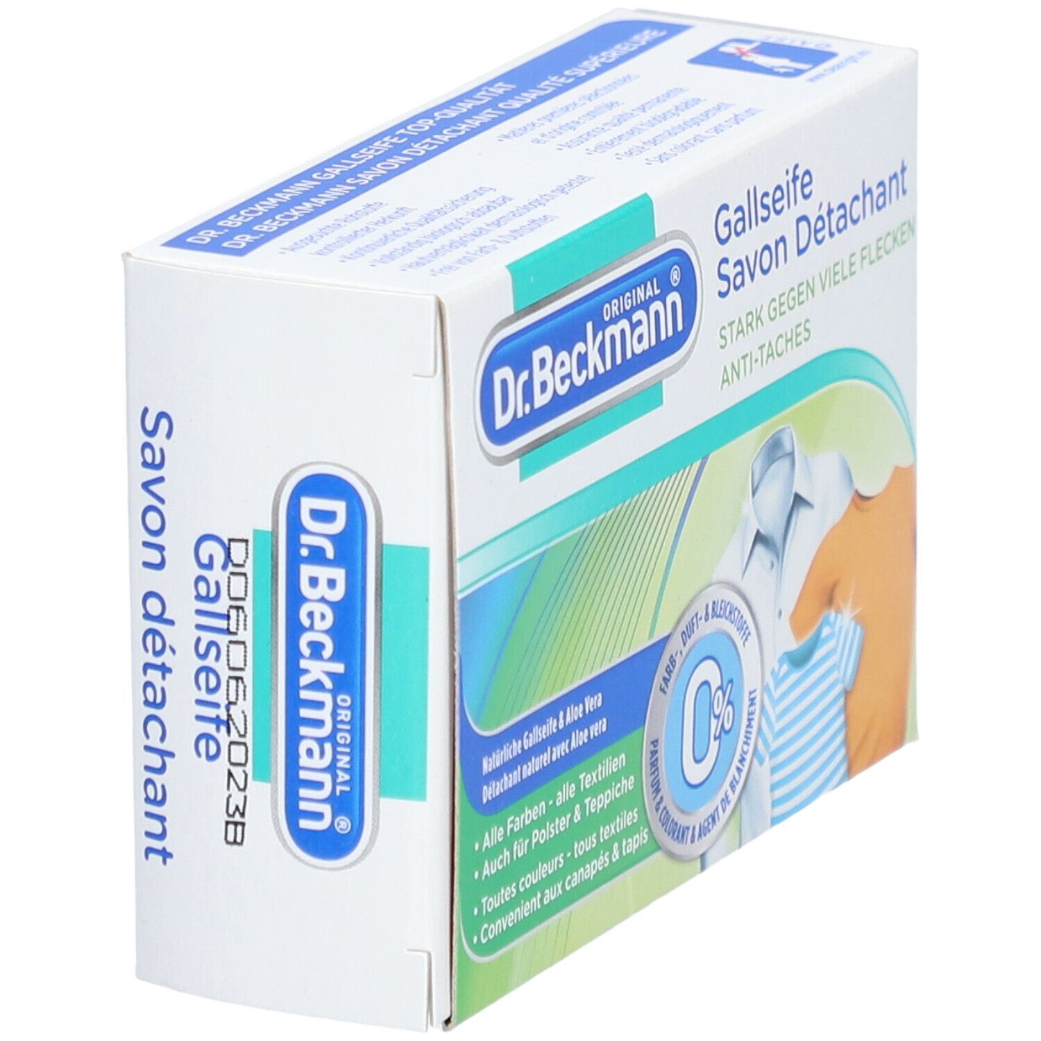 Doosje met vlekkenzeep. Opschriften: Dr. Beckmann, Gallseife, Savon Détachant. Zijaanzicht met tekst en logo.
