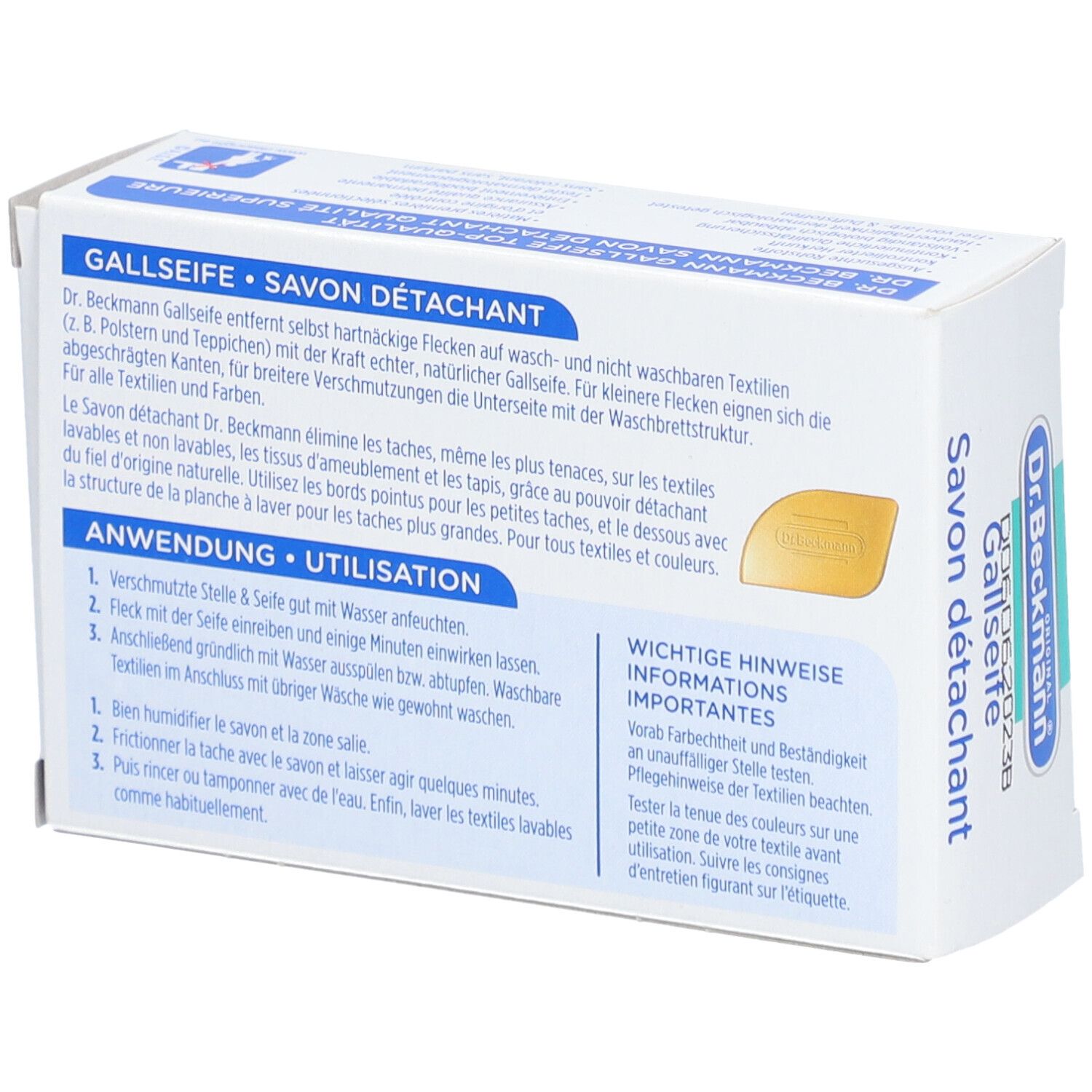 Doosje met vlekkenzeep. Opschriften: Dr. Beckmann, Gallseife, Savon Détachant. Achterkant met gebruiksaanwijzing en waarschuwingen.