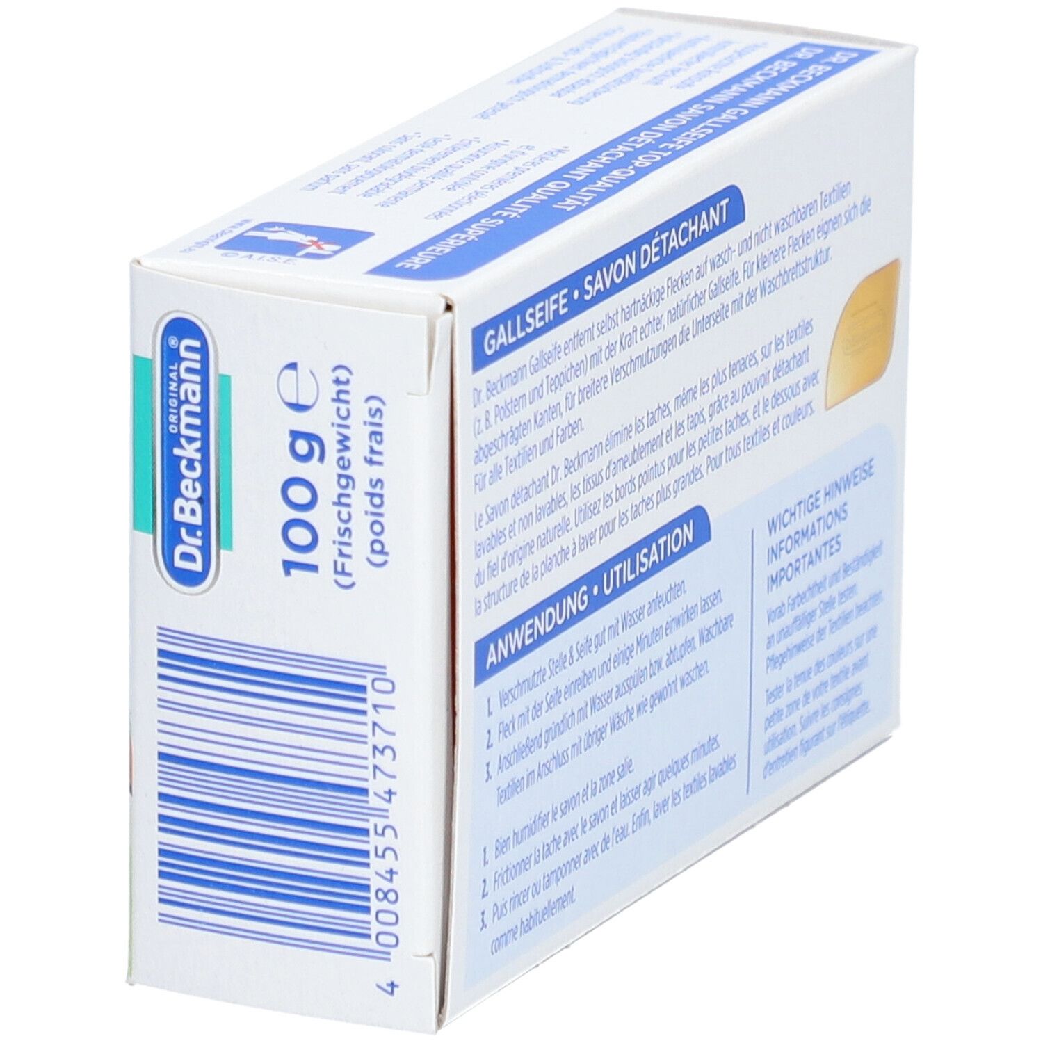 Doosje met vlekkenzeep. Opschriften: Dr. Beckmann, Gallseife, Savon Détachant, 100g. Achterkant met barcode.