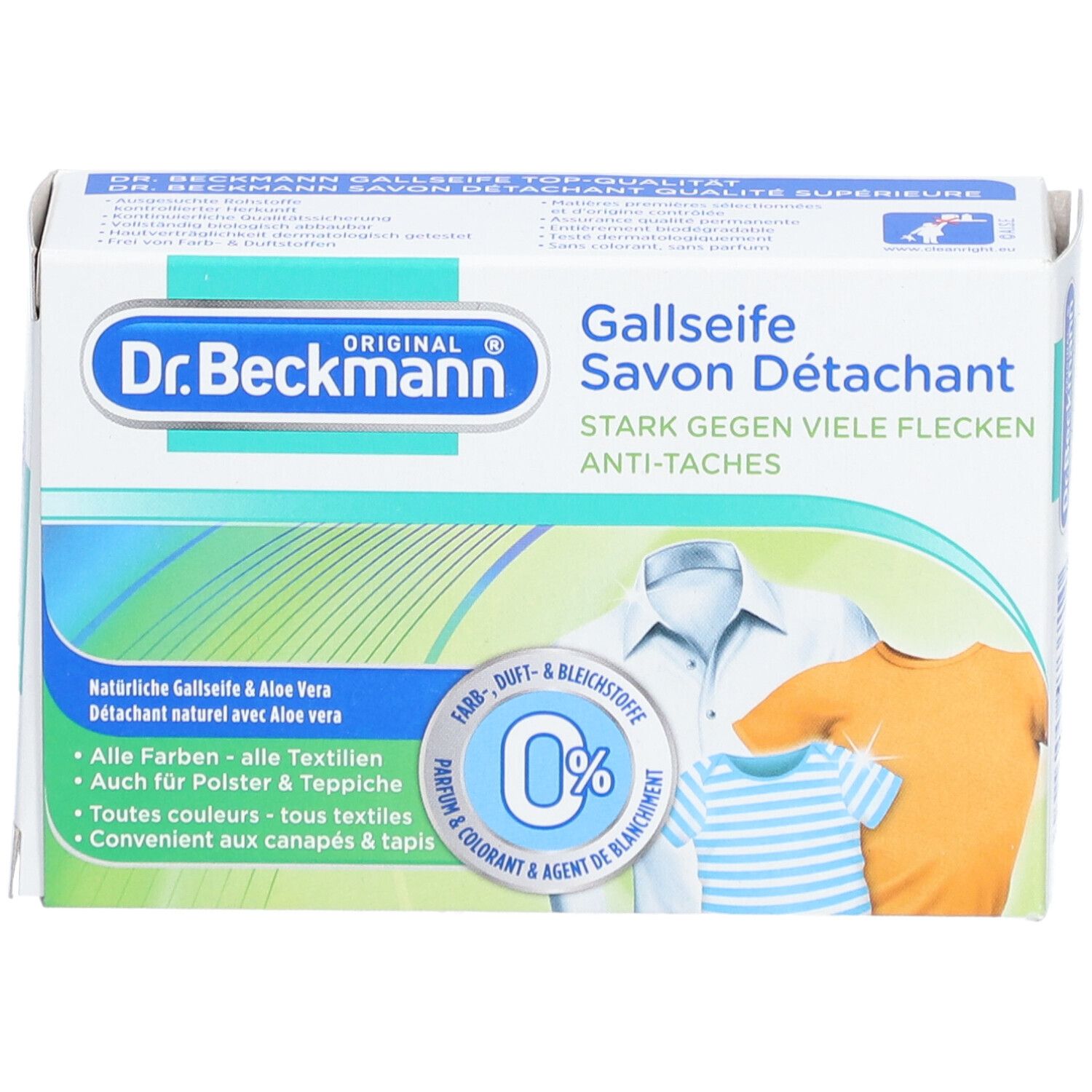 Doosje met vlekkenzeep. Opschriften: Dr. Beckmann, Gallseife, Savon Détachant, 100g. Afbeelding van drie kledingstukken.