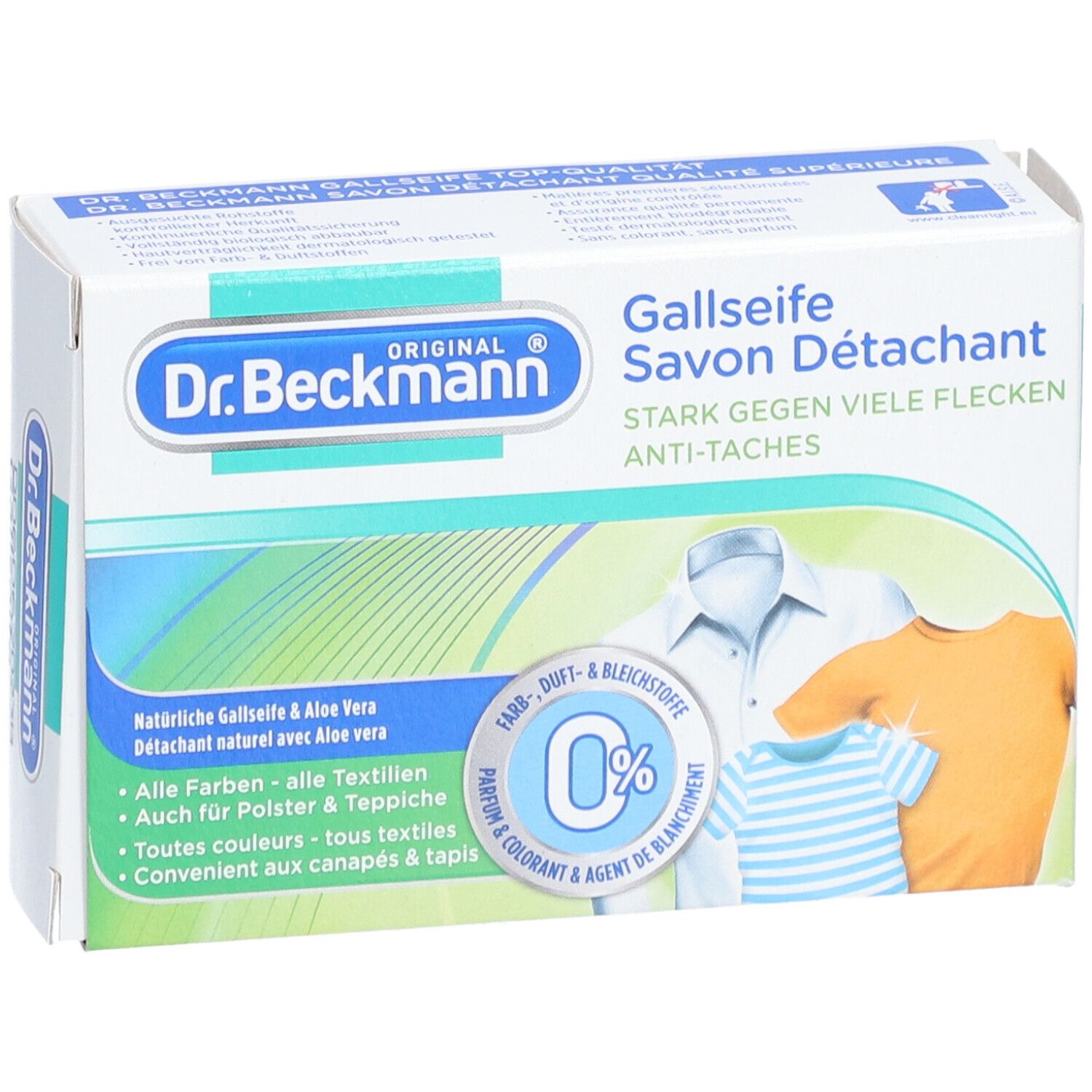 Doosje met vlekkenzeep. Opschriften: Dr. Beckmann, Gallseife, Savon Détachant, 100g. Afbeelding van drie kledingstukken.
