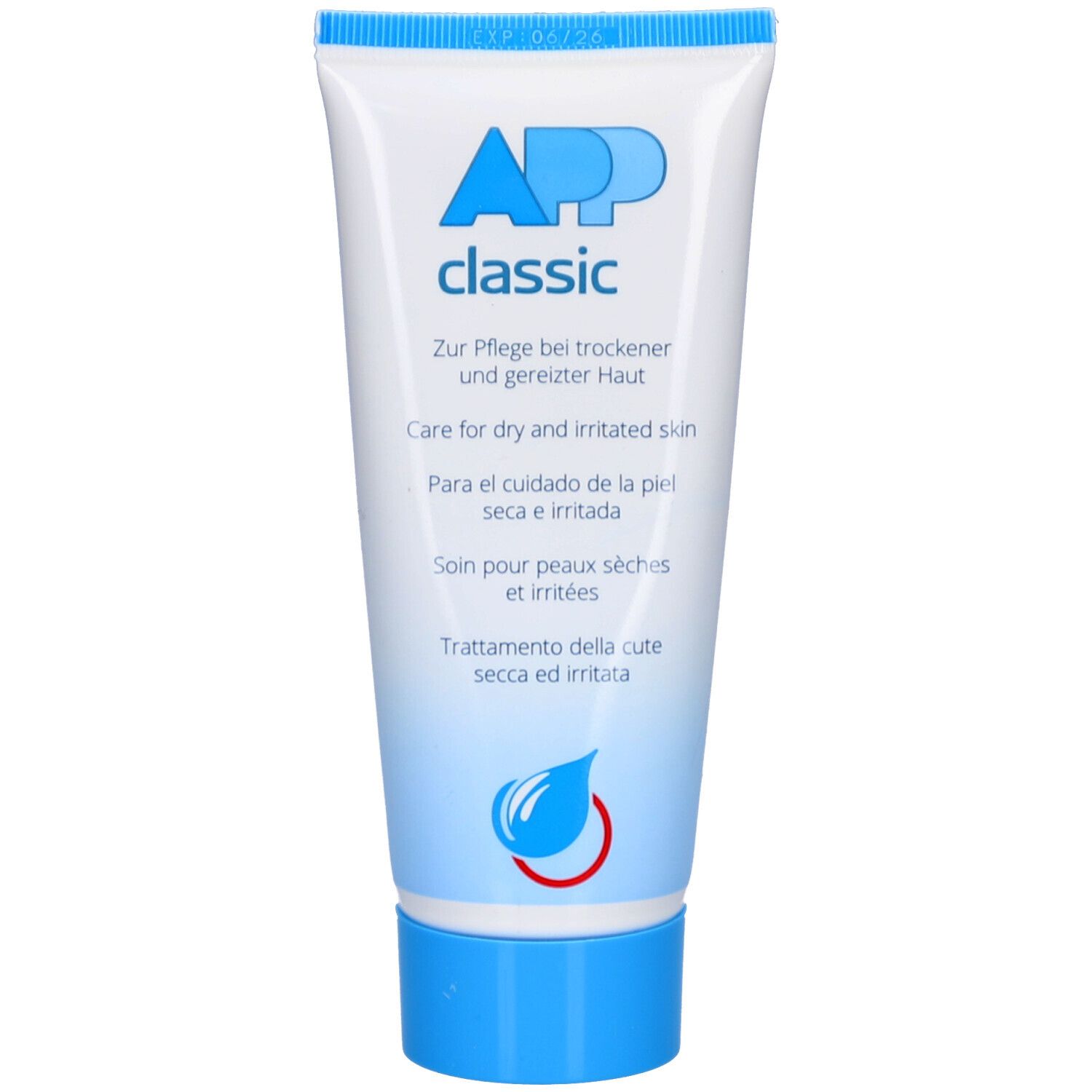 Tube blanc à bouchon bleu. Inscription: APP classic. Texte multilingue. Logo goutte.