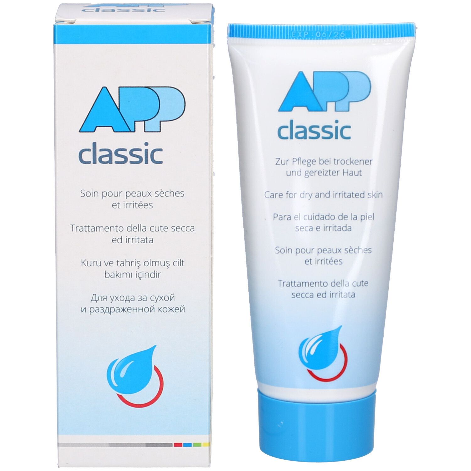 Emballage du produit: tube et boîte. Inscription: APP classic. Texte multilingue. Logo goutte.