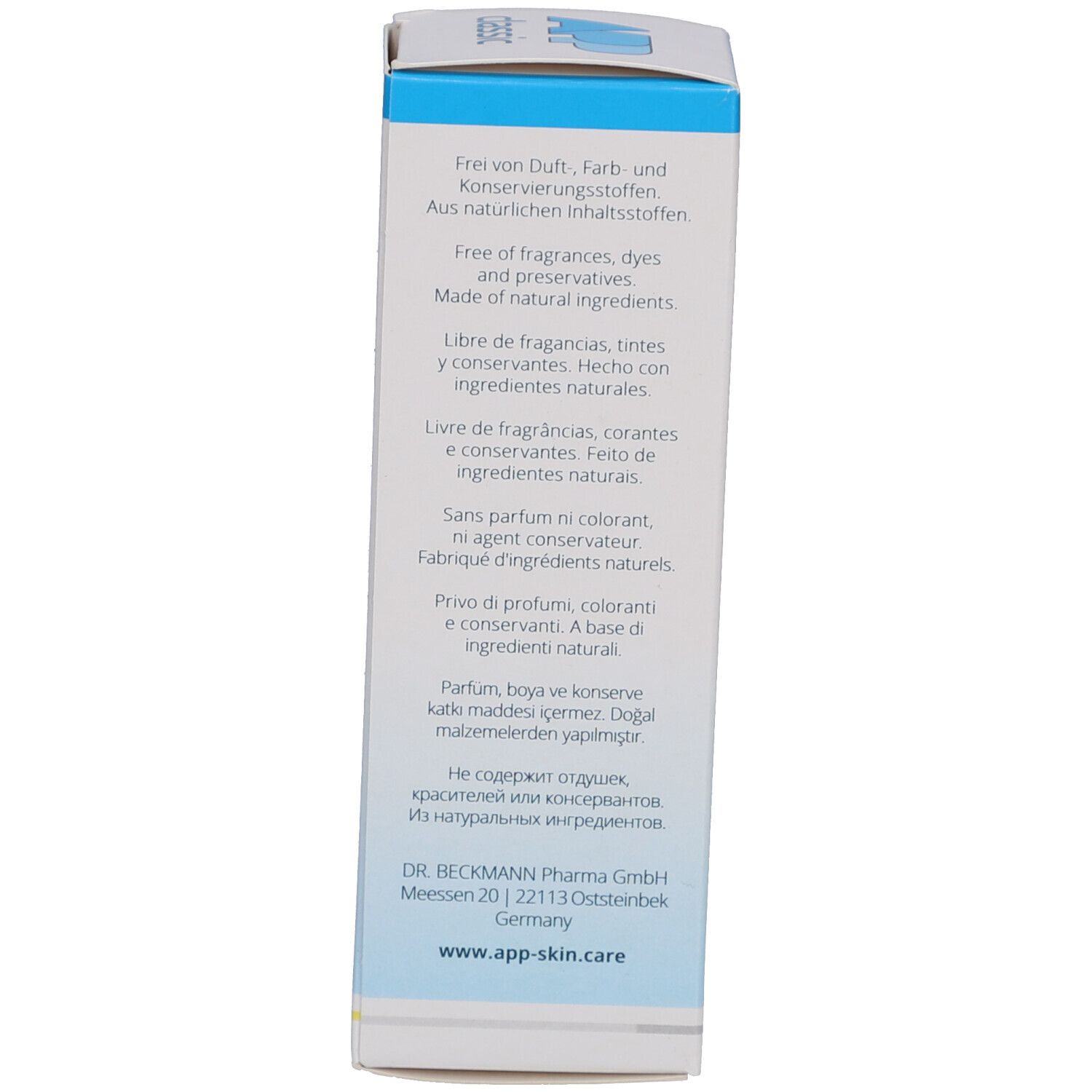 Côté de l'emballage en carton. Texte: Sans parfum, colorant et conservateur. Logo.