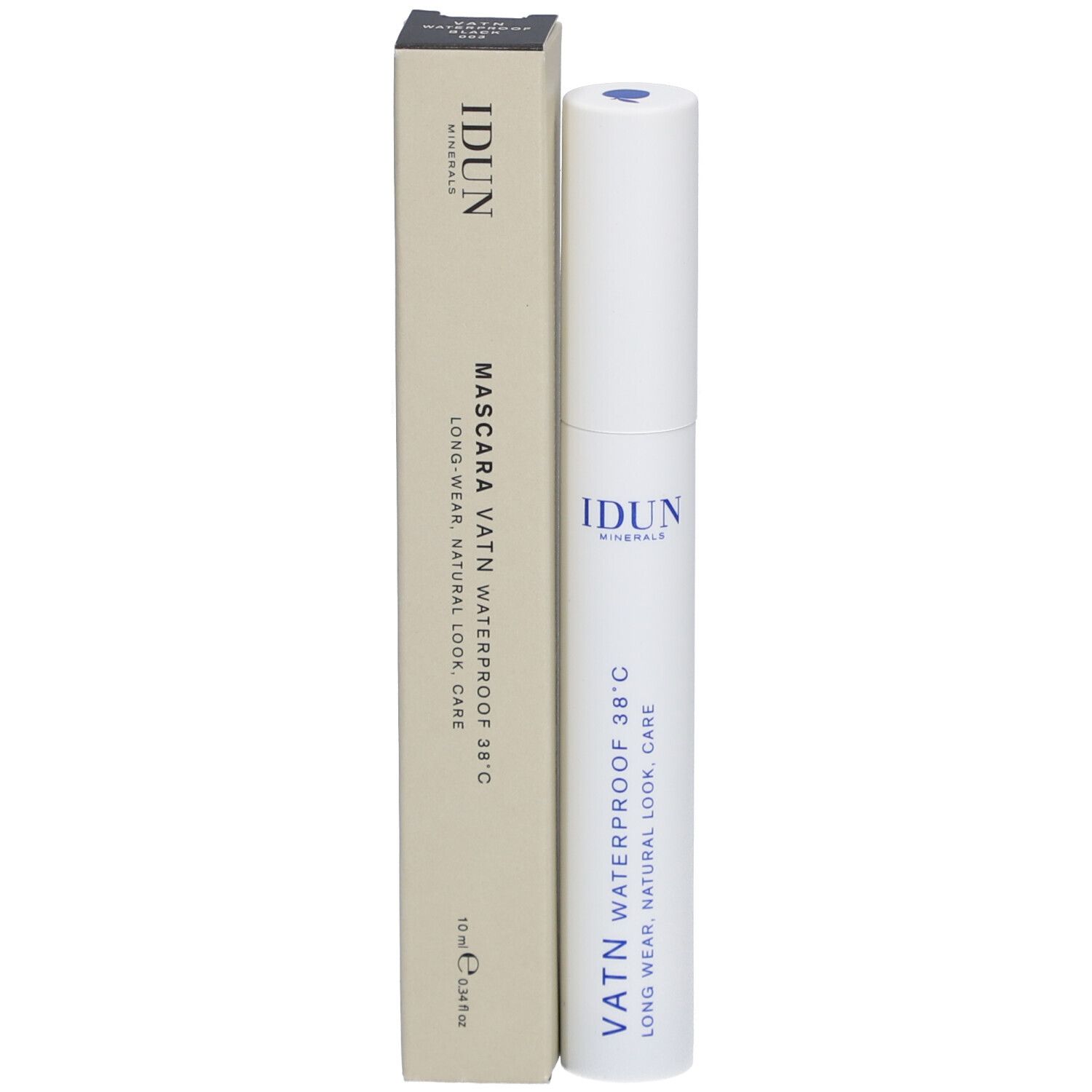 Witte mascarabuis en doos. Opschrift: IDUN Minerals, Mascara VATN Waterproof 38°C. 12 ml.
