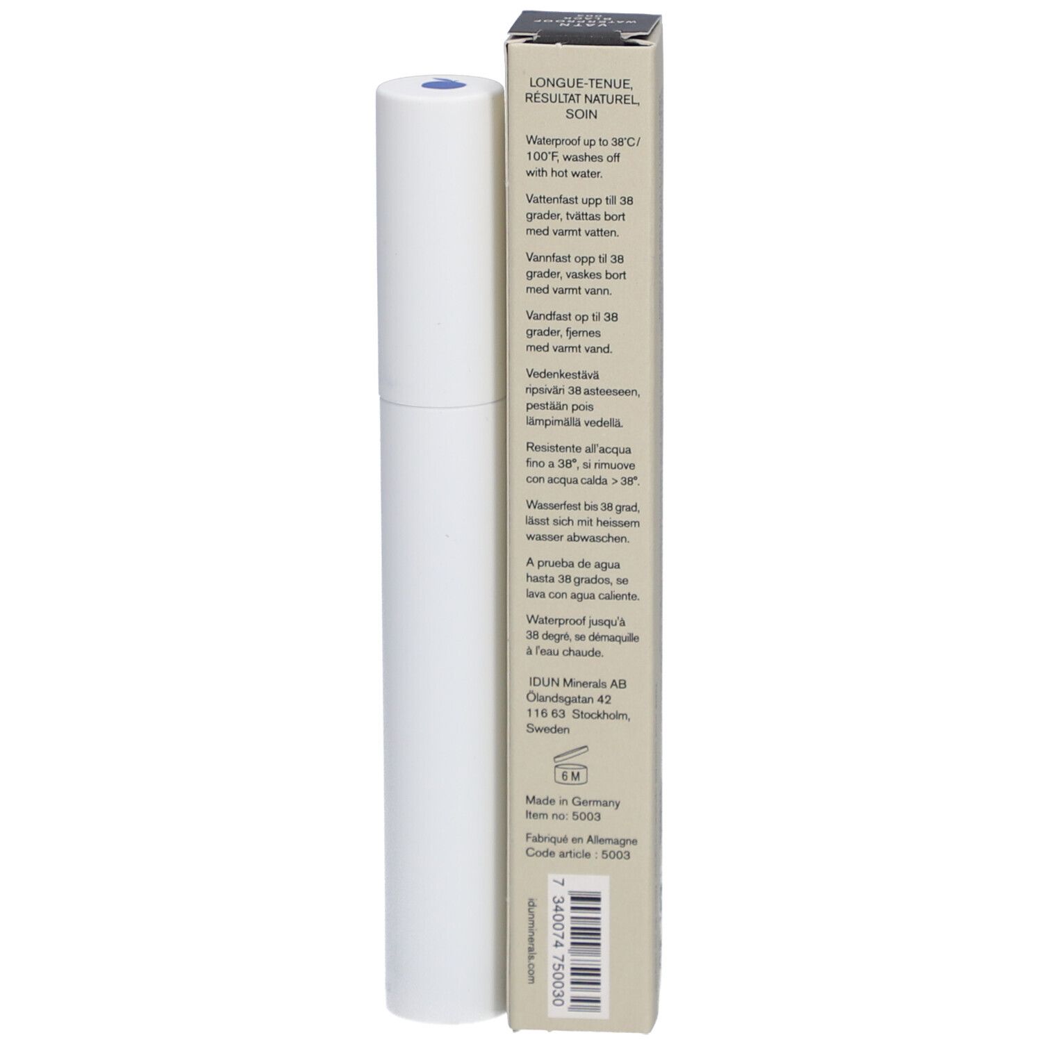 Witte mascarabuis en doos. Opschrift: Waterproof tot 38°C. Gemaakt in Duitsland.