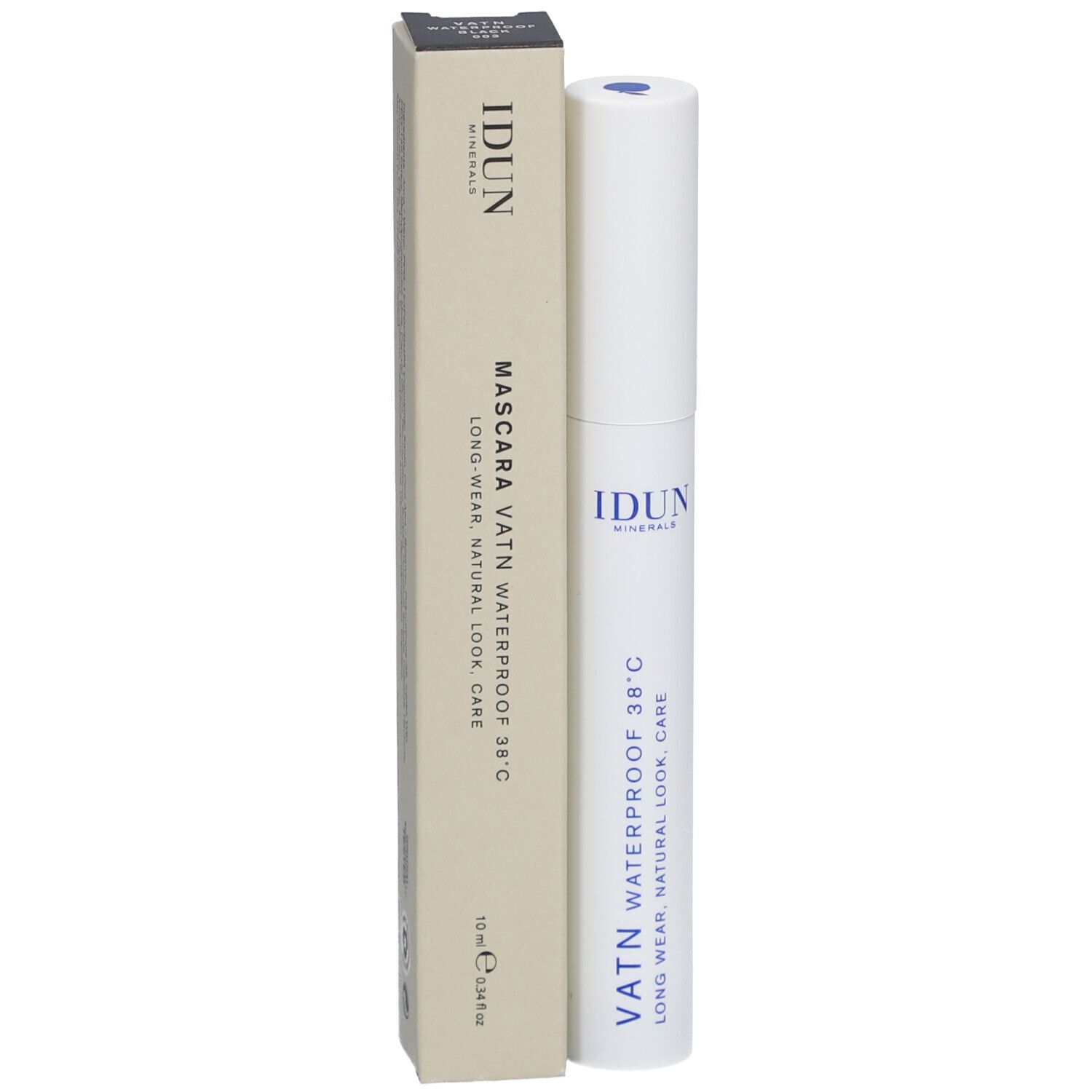 Witte mascarabuis en doos. Opschrift: IDUN Minerals, Mascara VATN Waterproof 38°C. 12 ml.