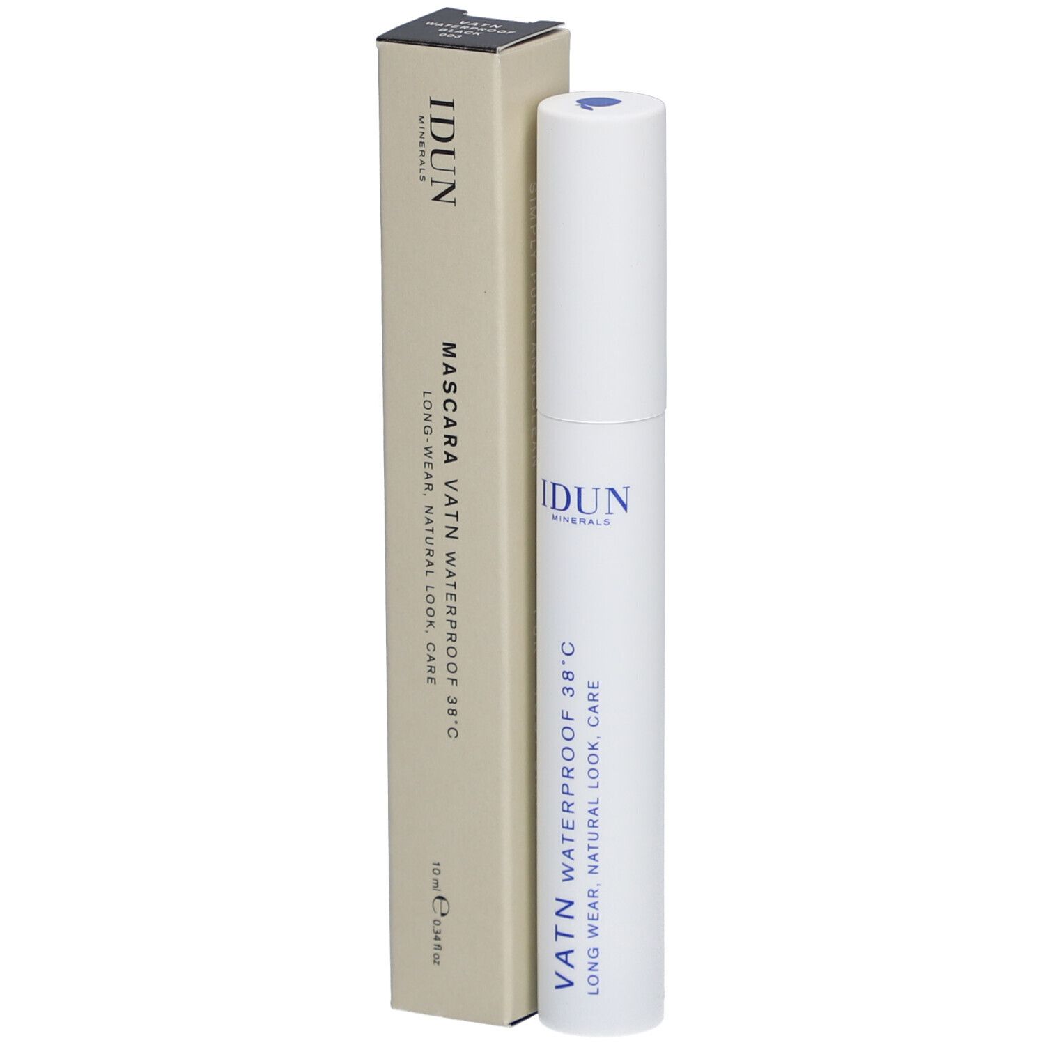 Witte mascarabuis en doos. Opschrift: IDUN, Mascara VATN Waterproof 38°C. 10 ml.