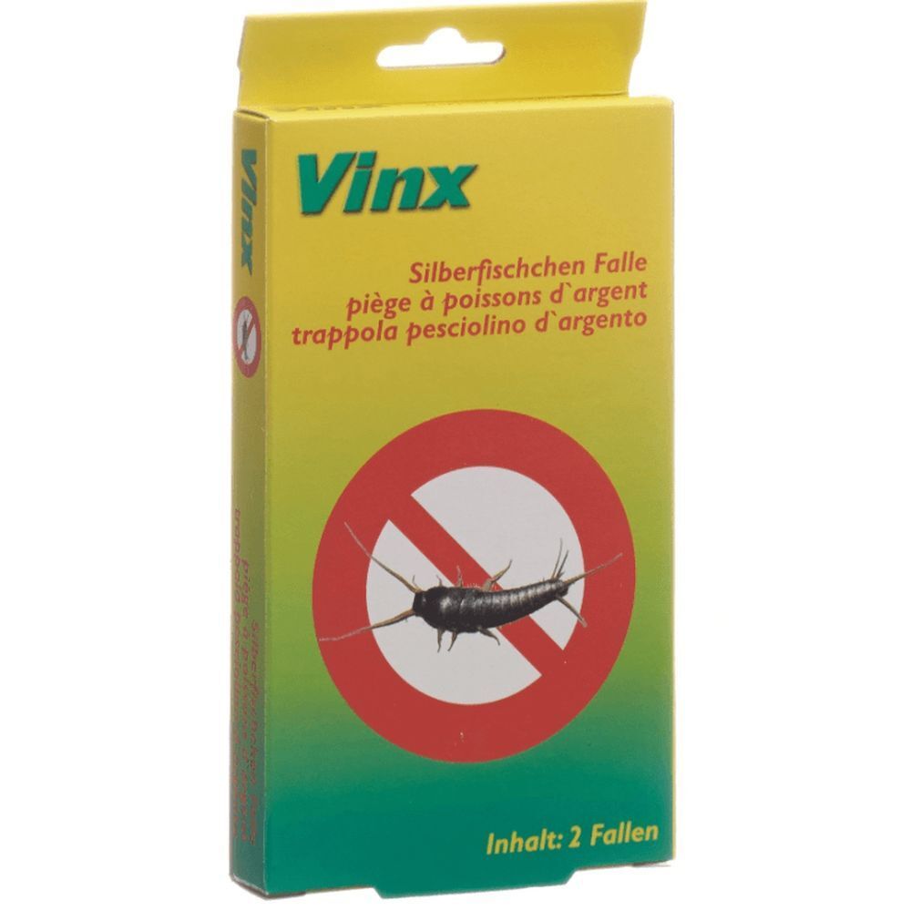Boîte jaune avec logo "Vinx" et nom du produit. Image d'un poisson d'argent dans un cercle rouge. Contenu: 2 pièges.