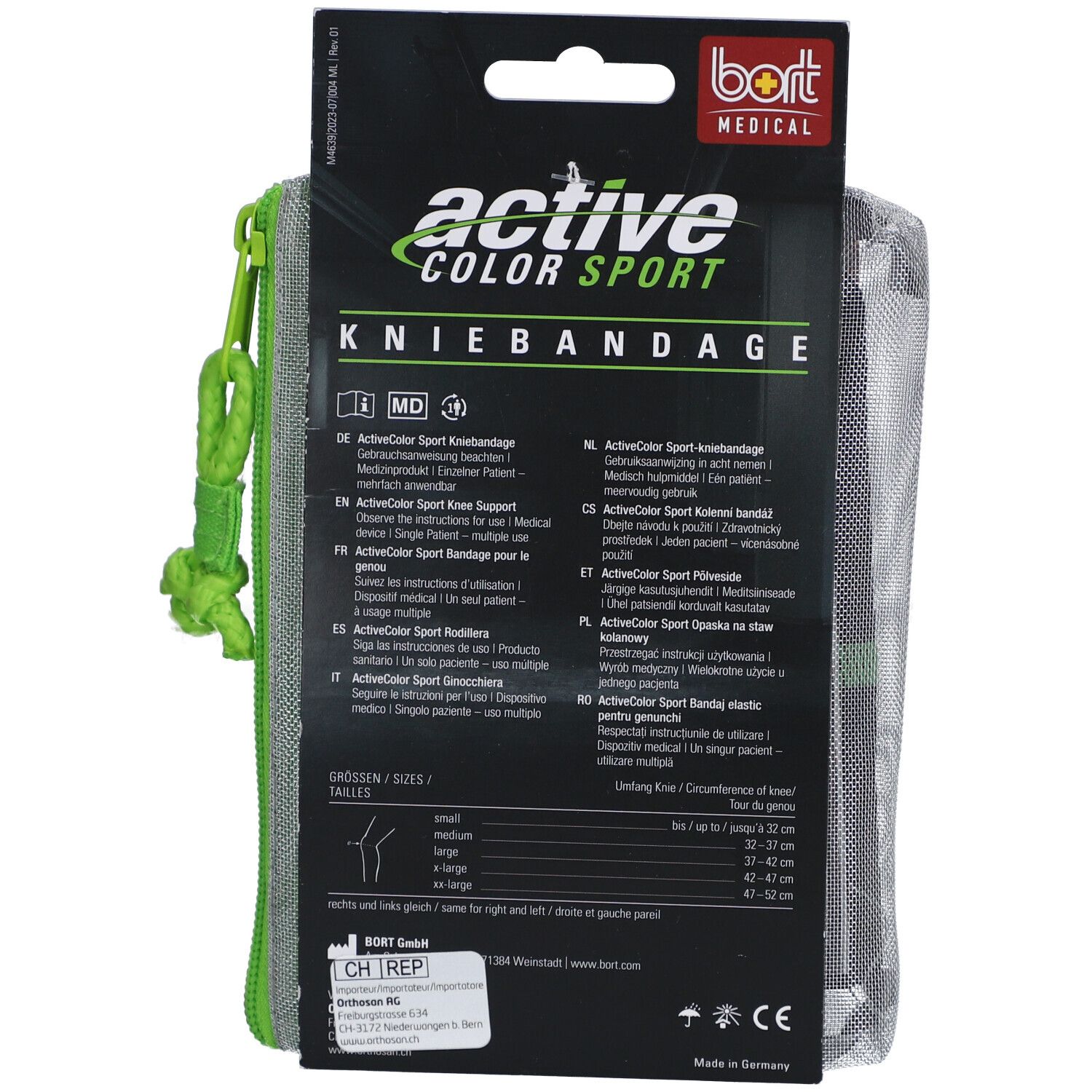 Achterkant van de ActiveColor Sport kniebandage verpakking. Maatinformatie en gebruiksaanwijzing.