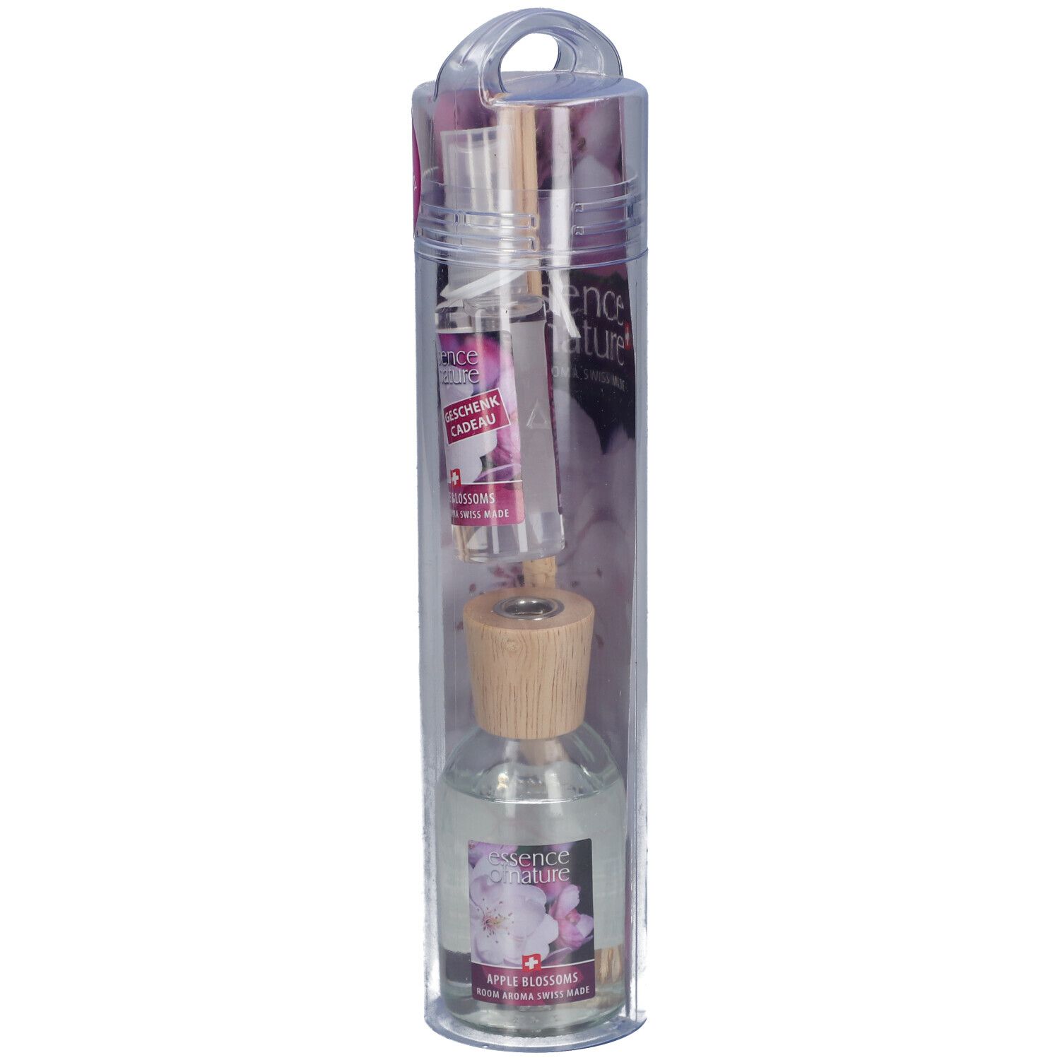 Geurstokjes in transparante verpakking. Bevat een glazen fles met houten dop, stokjes en een kleine sprayflacon.