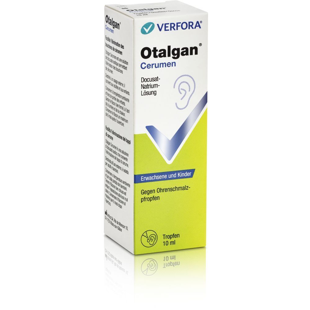Otalgan® Cerumen, oordruppels in doos. Bevat 10 ml. Opdruk: Verfora, natriumdocusaat oplossing. Voor volwassenen en kinderen.