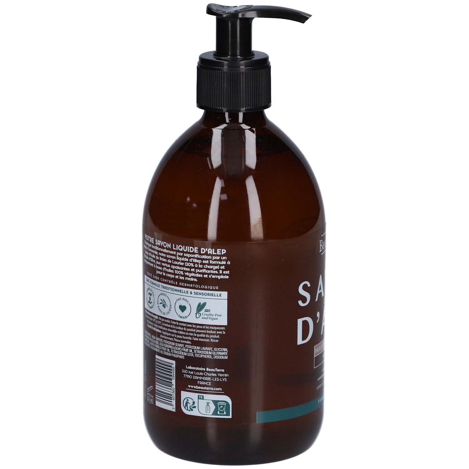 Dos d'un flacon marron avec pompe noire. Informations textuelles et logos. Contient 99% d'ingrédients naturels.