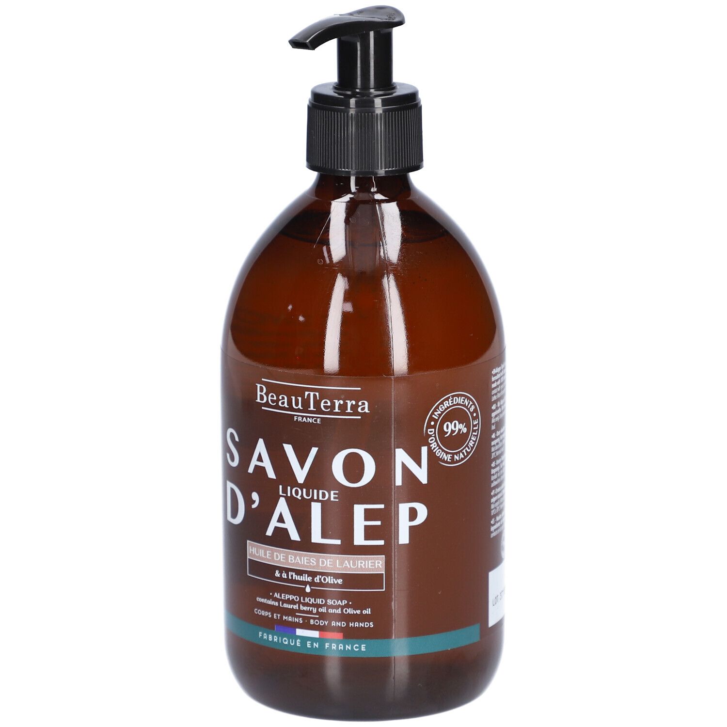 Flacon marron avec pompe noire. Inscription: Savon d'Alep, BeauTerra. Contient 99% d'ingrédients naturels.