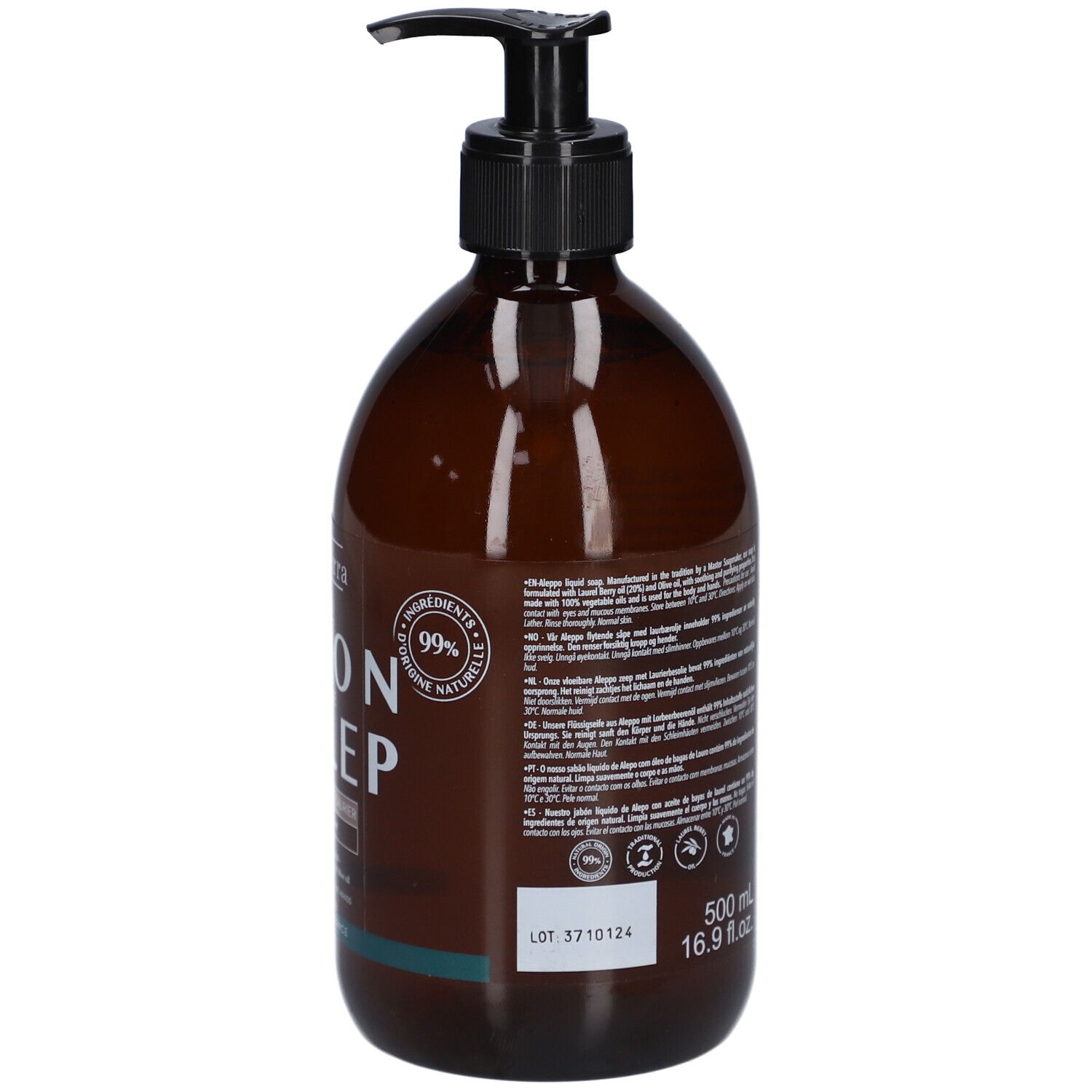 Dos d'un flacon marron avec pompe noire. Informations textuelles, logos, indication de volume: 500 ml. Numéro de lot.